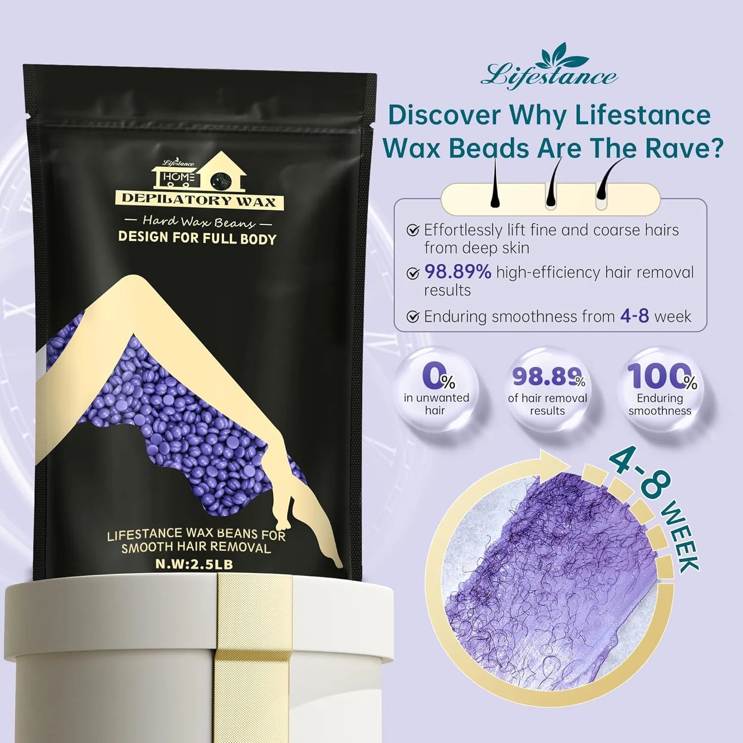 Lifestance 2.5lb/40oz Lavender Hard Brazilian Bikini Wax Beads Kit for at Home Sensitive Skin Hair Removal on Face, Body, Legs, Underarms, Eyebrow