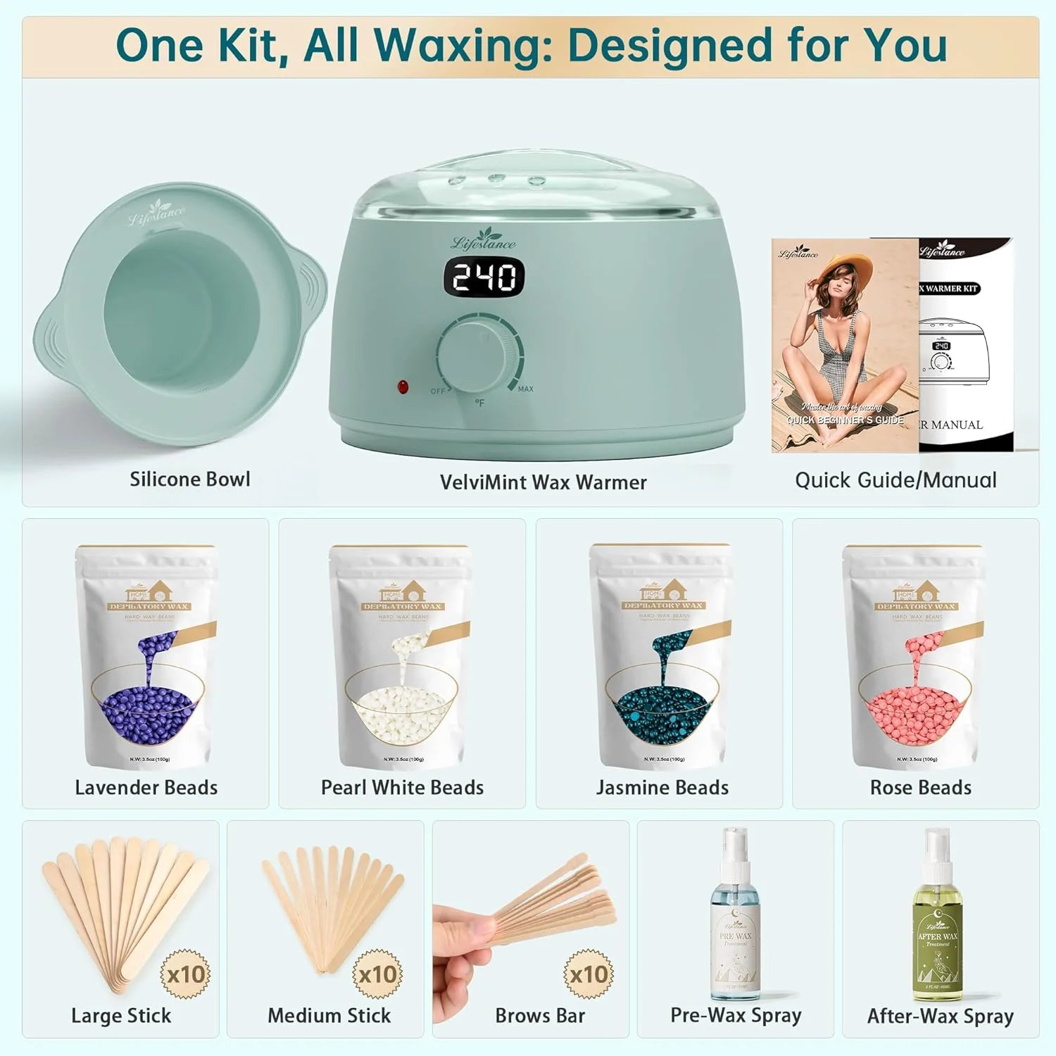 Lifestance Hair Removal Waxing Kit for Women & Men, at Home Use Velvimint Digital Warmer with 4 Bags 3.5 oz Wax Beads for Full Body Coarse, Fine Hair