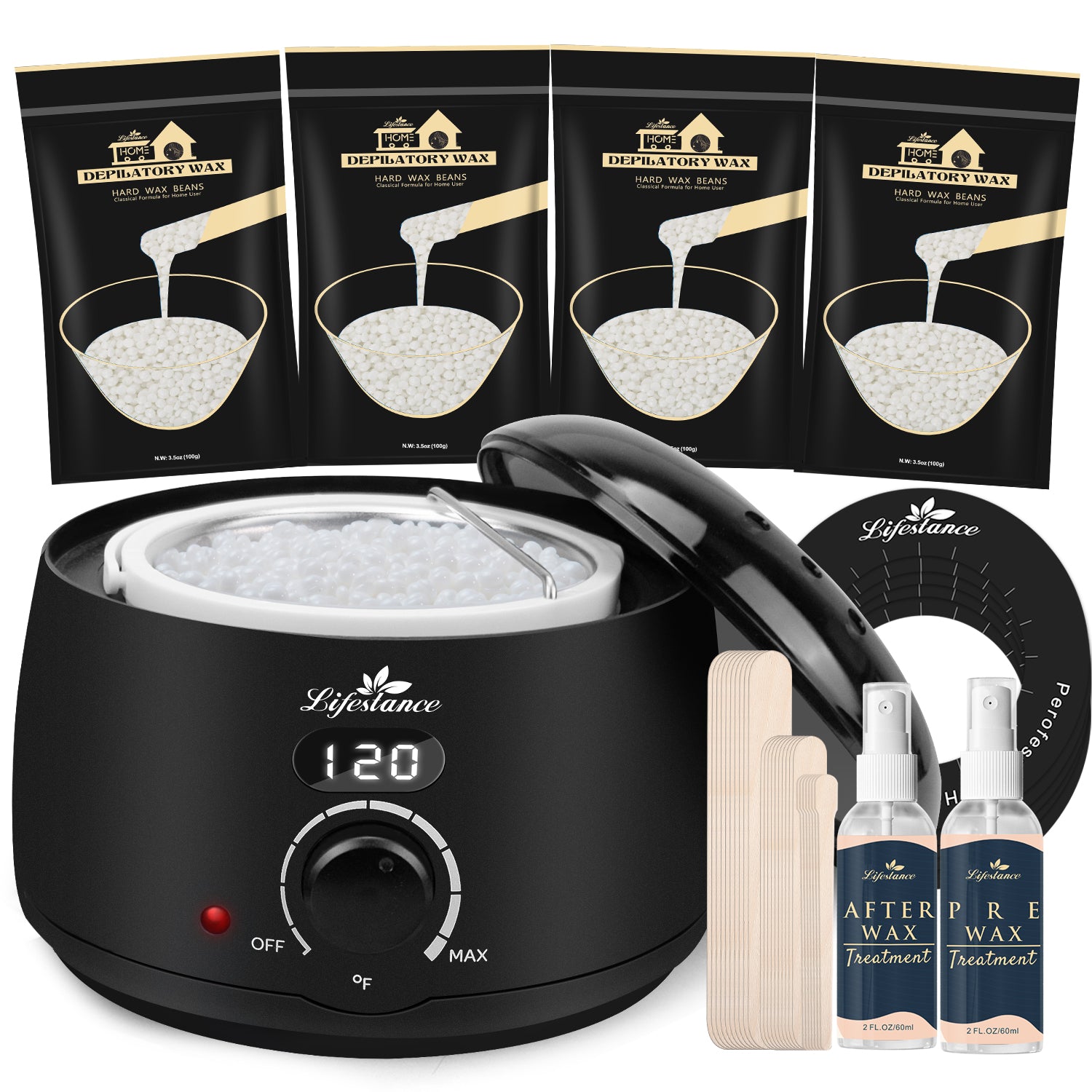 Lifestance Waxing Kit- L2 Digital Wax Warmer Hair Removal Machine- 4 Packs of Wax Beads(14.1 oz total) with 42 Items- Wax Pots Professional for All Hair Types- Eyebrow- Facial- Bikini