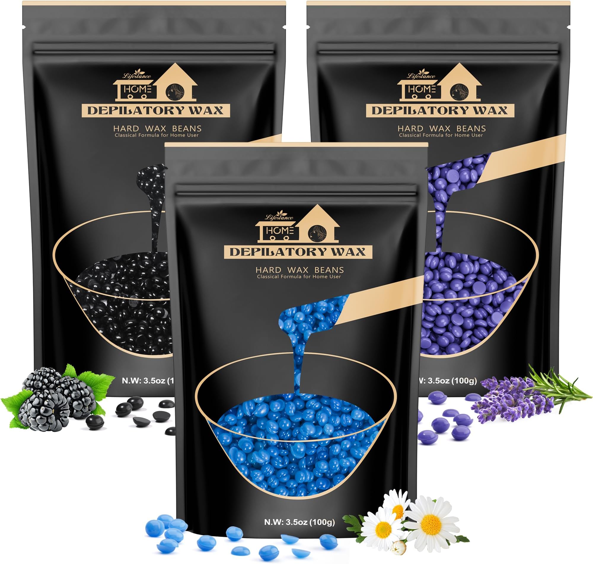 Lifestance Wax Beads, 3 Packs Waxing Beads, Hard Wax Beads (Lavender & Chamomile & Blackberry) Perfect for Any Wax Warmers, Wax Beads for Hair Removal for Whole Body, Bikini, Underarm, Arm, Legs