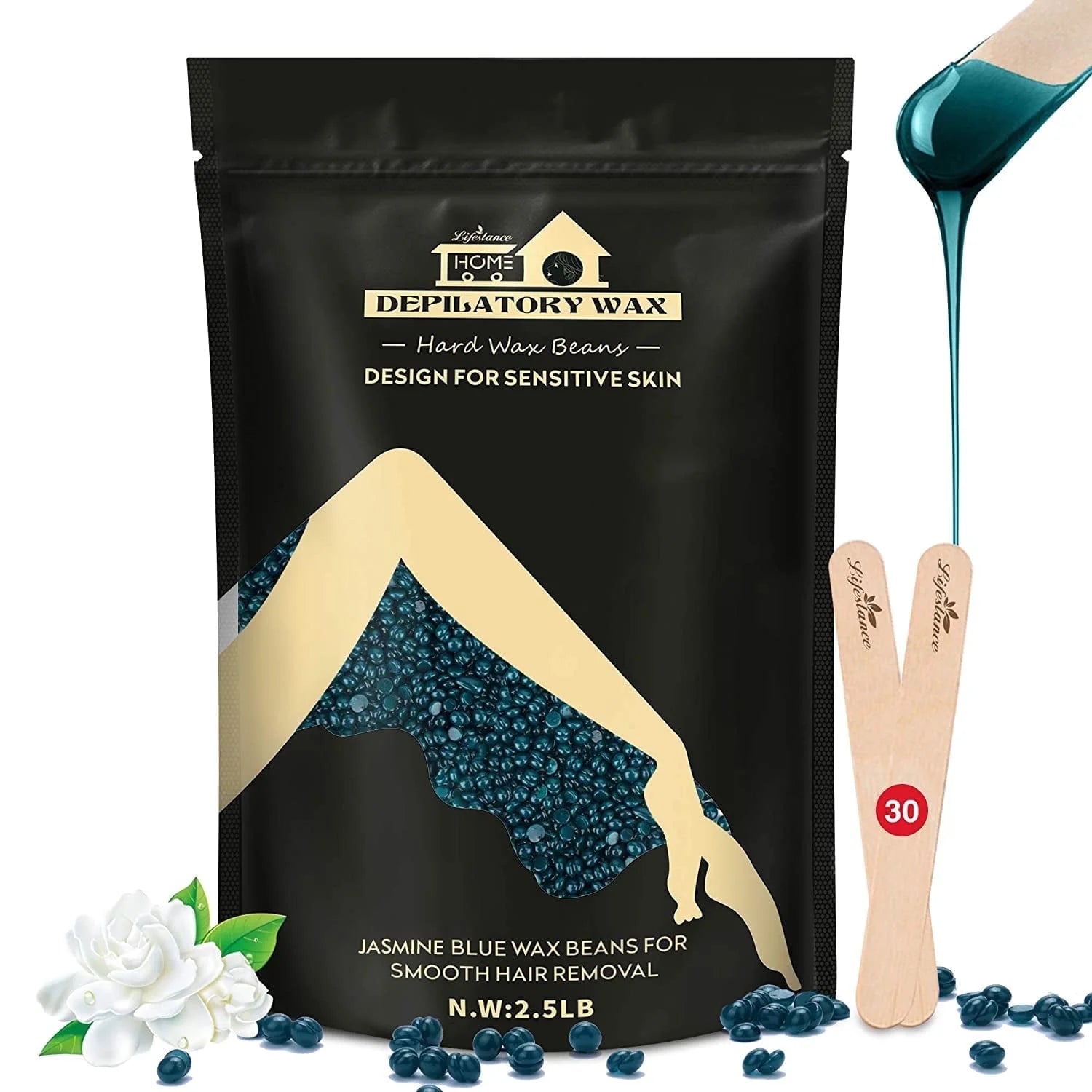 Lifestance 2.5lb/40oz Hard Wax Beads for Hair Removal Kit - Waxing Beans Large Refill with 30 Sticks for Sensitive Skin, Brazilian, Bikini, Full Body
