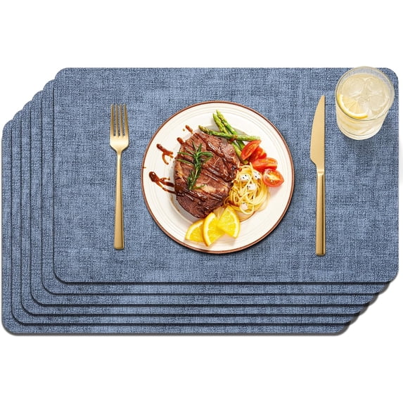 Lifestance Faux Leather Placemats Set of 6, Waterproof Heat Resistant Non Slip Dining Table Mats, 17x12 inch Rectangle Blue, Indoor Outdoor Use