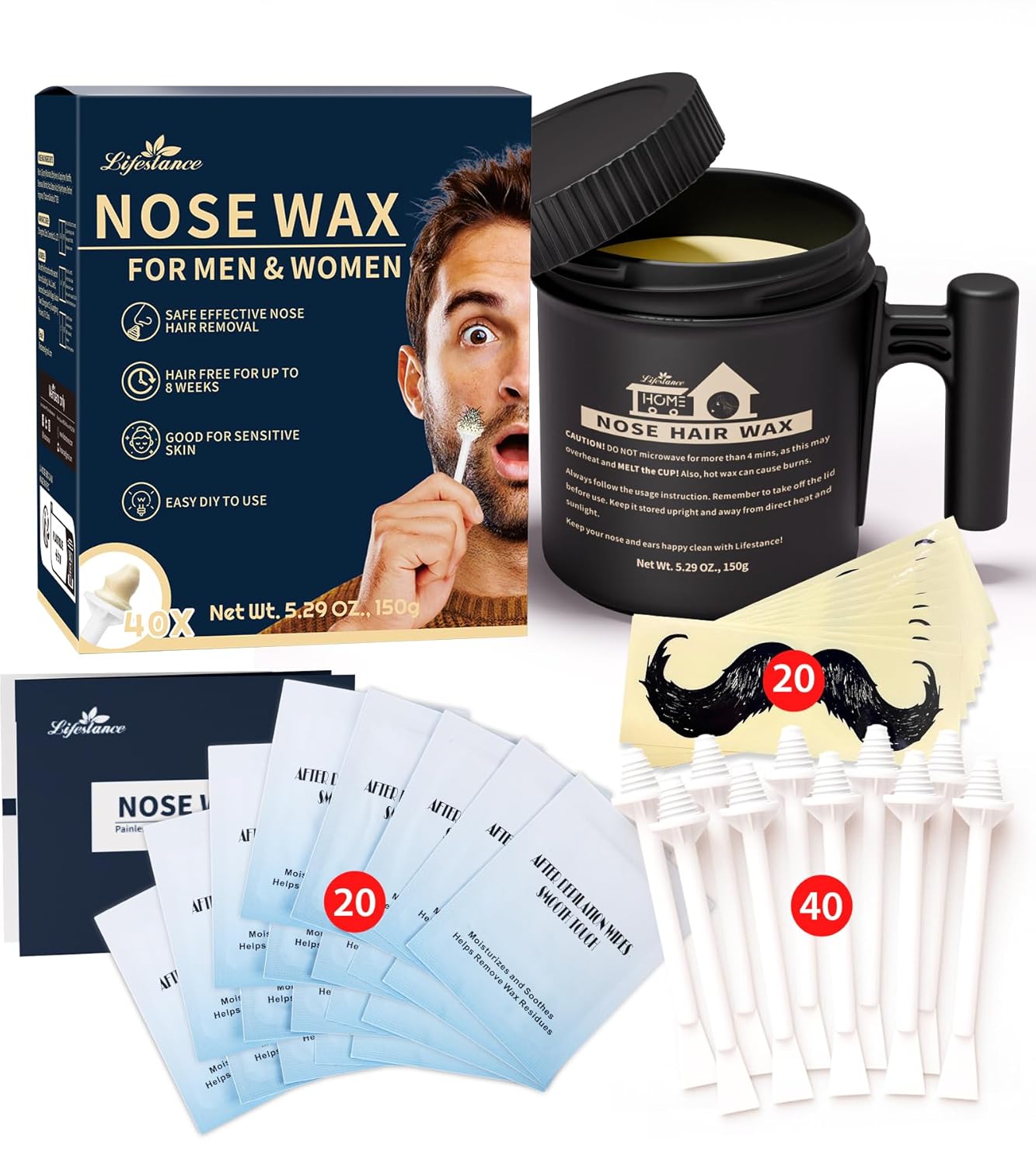 Lifestance Nostril Waxing Kit - Large Capacity Nose Hair Wax Kit - Nose Wax Kit for Women & Men with Balm Wipes and Mustache Guards