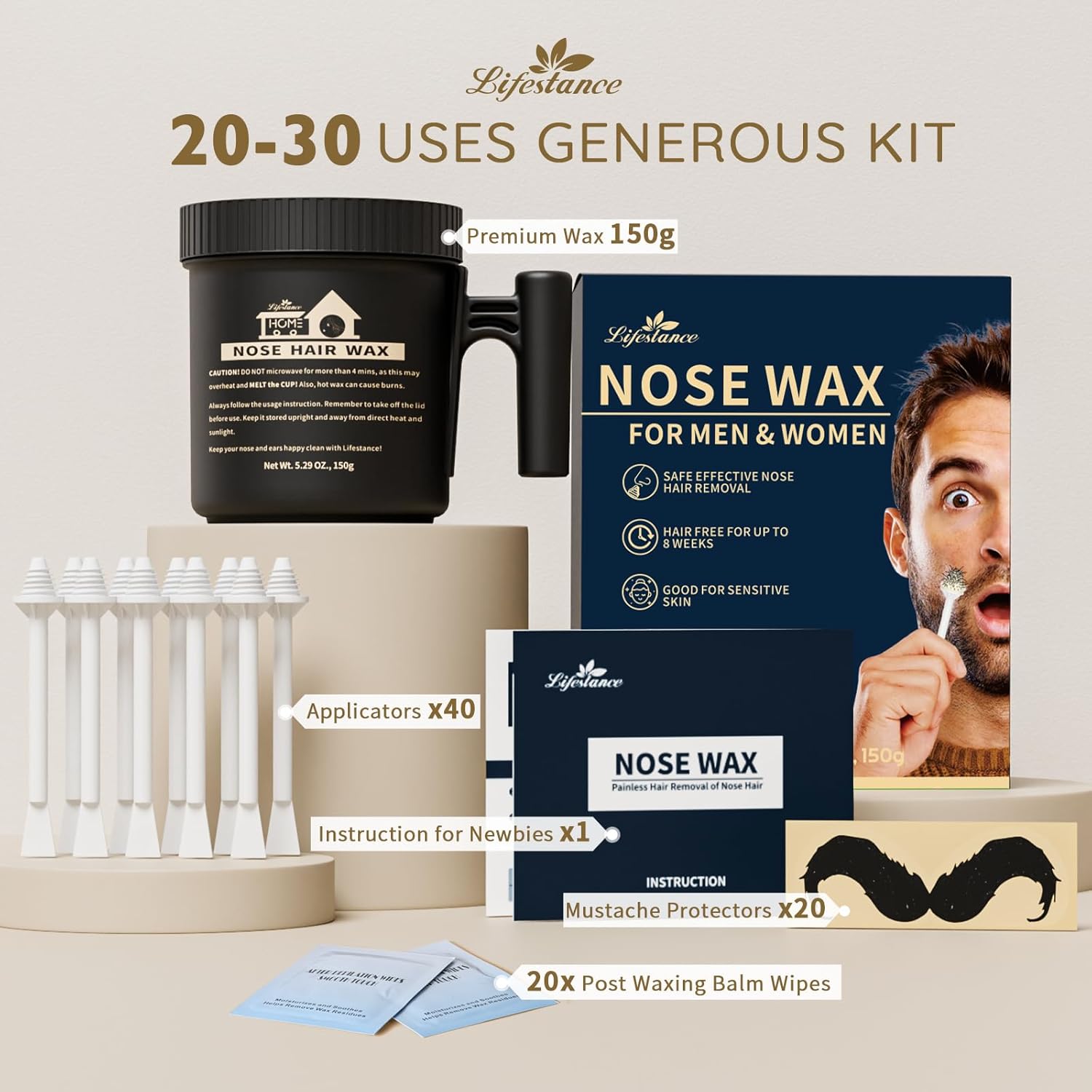Lifestance Nostril Waxing Kit - Large Capacity Nose Hair Wax Kit - Nose Wax Kit for Women & Men with Balm Wipes and Mustache Guards