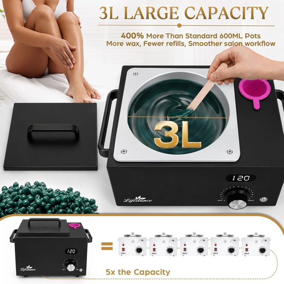 Lifestance 3L Professional Digital Wax Pot Warmer Kit for Spa Salon & Home, Black Wax Heater with LED Temperature Control, 100 Sticks & 200 Wax Strips