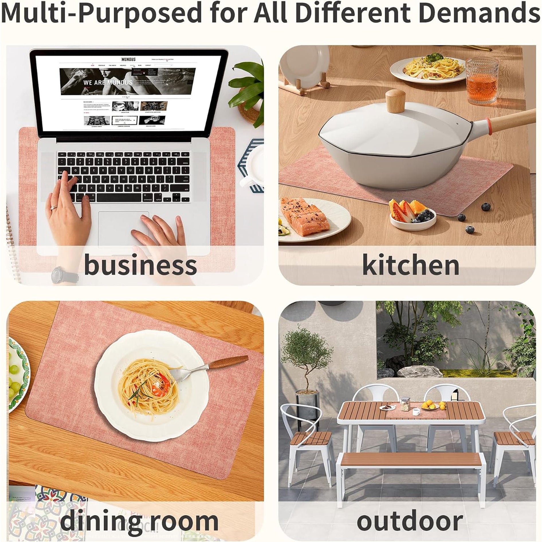 Lifestance Faux Leather Placemats Set of 6, Waterproof Heat Resistant Non Slip Dining Table Mats, 17x12 inch Rectangle Peachy Pink, Indoor Outdoor Use
