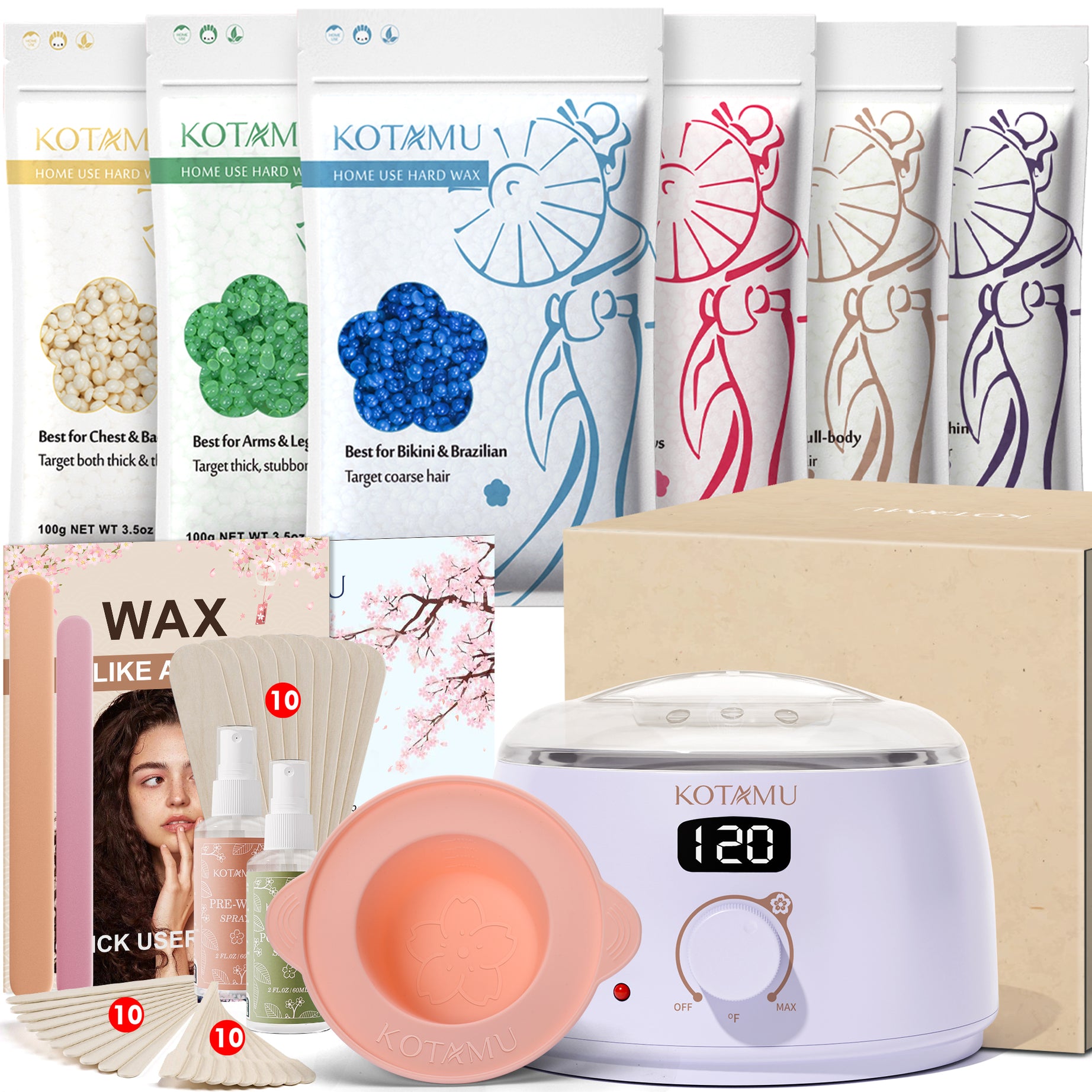 KOTAMU Purple Waxing Kit, Wax Warmer for Hair Removal, Digital Wax Kit with SiliconePot,Ideal for Face Eyebrow Arm Legs Armpit &Sensitive Skin