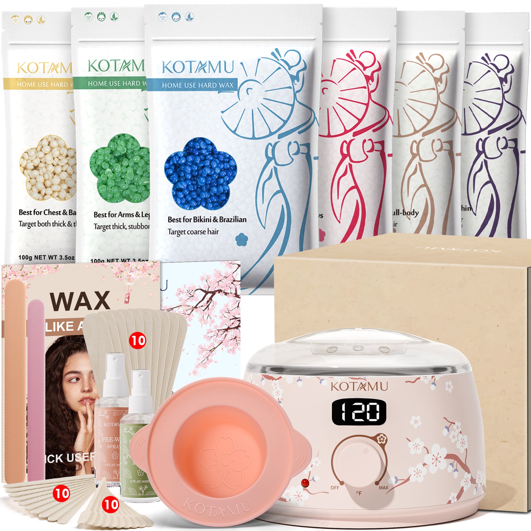 KOTAMU Waxing Kit for Women & Men, Wax Warmer for Hair Removal, Digital Wax Kit with Silicone Waxing Pot，Ideal for Face Eyebrow Arm Legs Armpit &Sensitive Skin, Purple Wax Machine With 44 Accessories