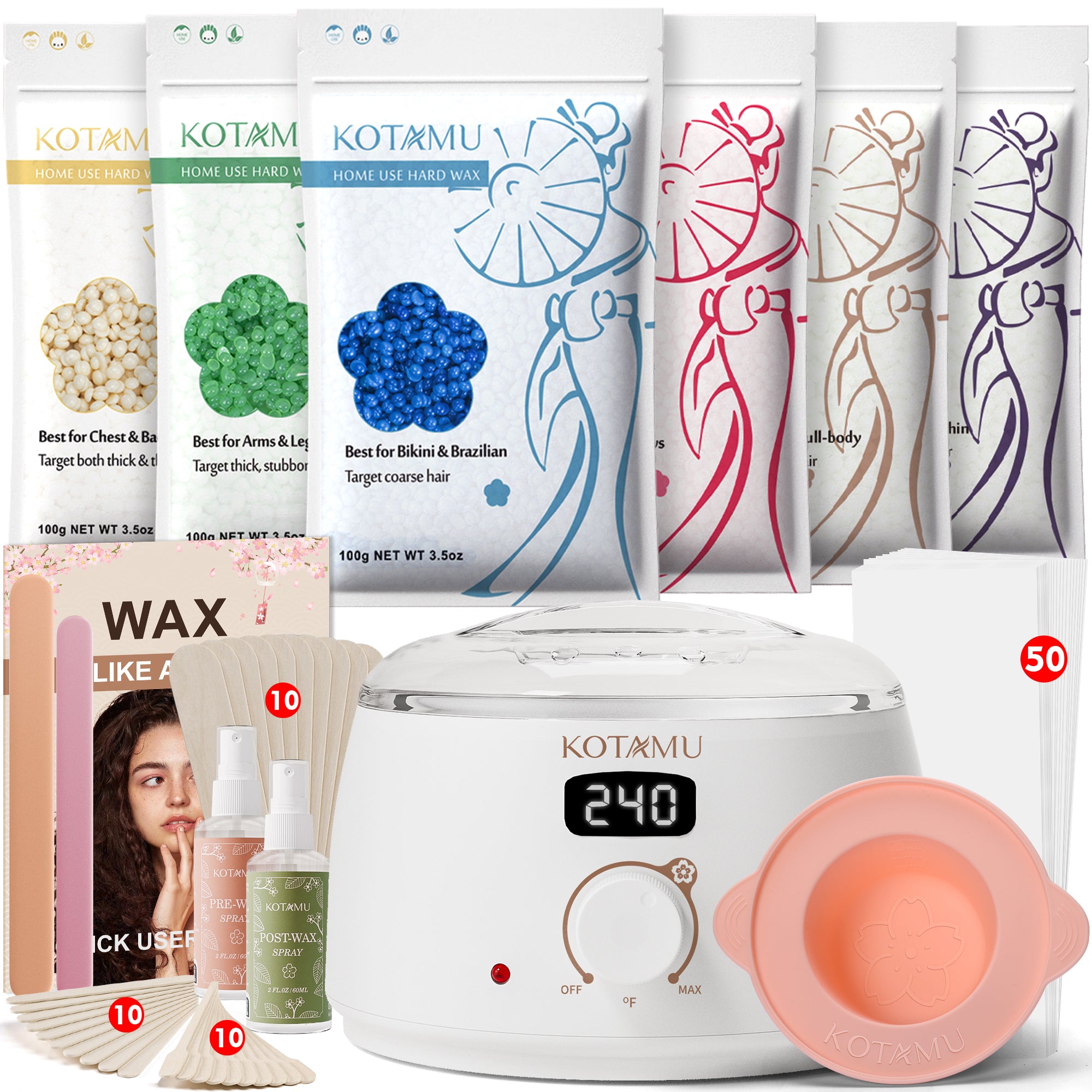 KOTAMU Waxing Kit for Women & Men, Professional Wax Kit for Hair Removal, Digital Wax Pot for Thick Coarse Fine Fuzzy Hair & Sensitive Skin, White Waxing Warmer with 44 Accessories for Home Salon Use