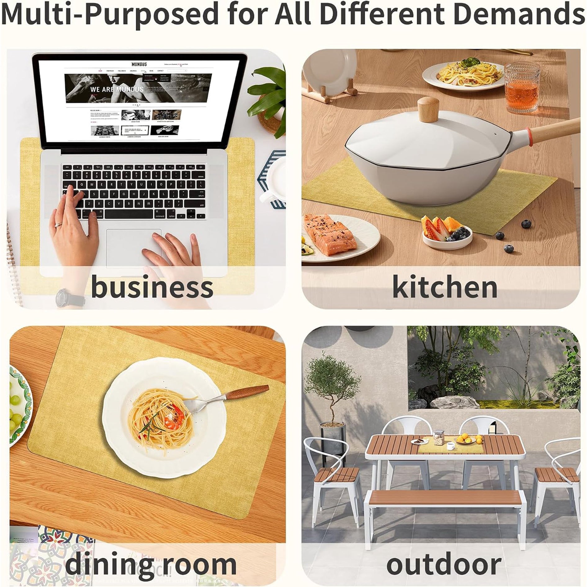 Lifestance Faux Leather Placemats Set of 6, Waterproof Heat Resistant Non Slip Dining Table Mats, 17x12 inch Rectangle Yellow, Indoor Outdoor Use