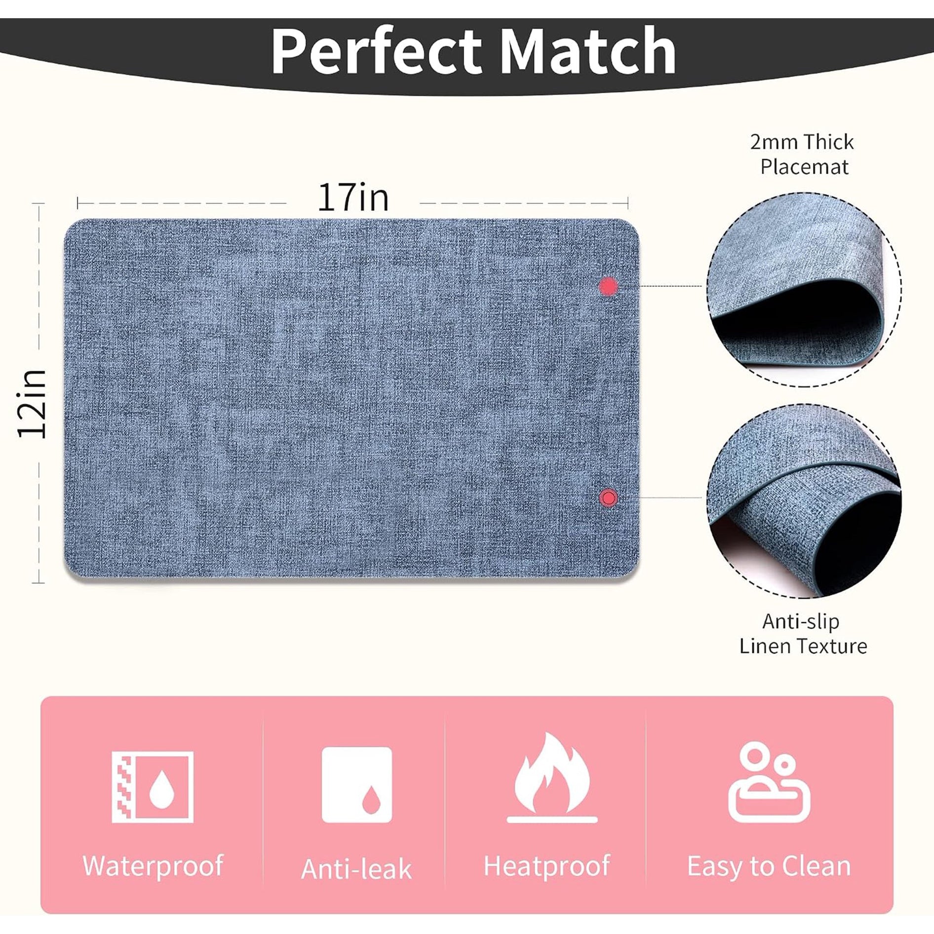 Lifestance Faux Leather Placemats Set of 6, Waterproof Heat Resistant Non Slip Dining Table Mats, 17x12 inch Rectangle Blue, Indoor Outdoor Use