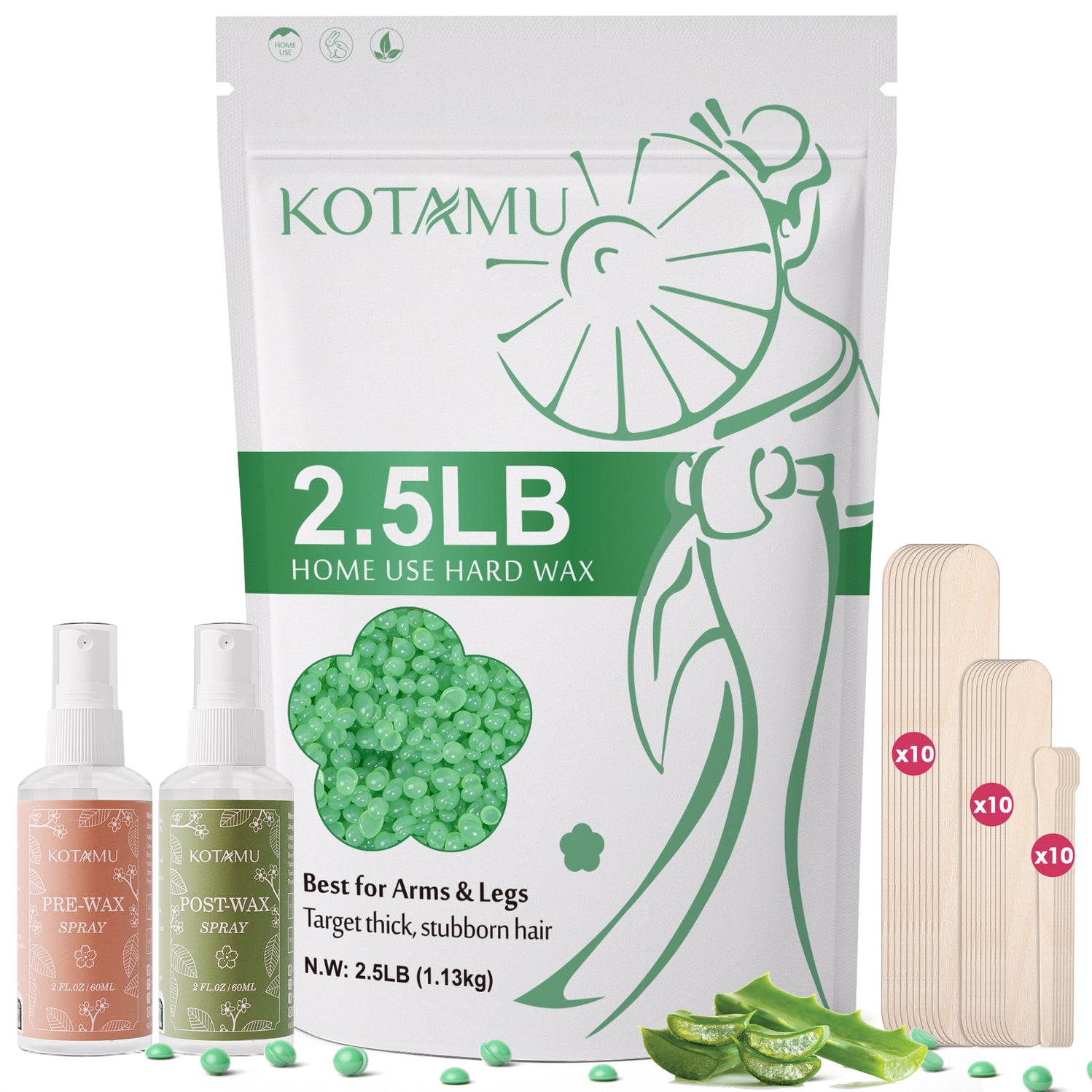 KOTAMU Waxing Beads for Women & Men, 2.5lb Hard Wax Beads for Hair Removal, Aloe Vera Wax Beans for Sensitive Skin,Arm,Leg,Thick,Stubborn Hair