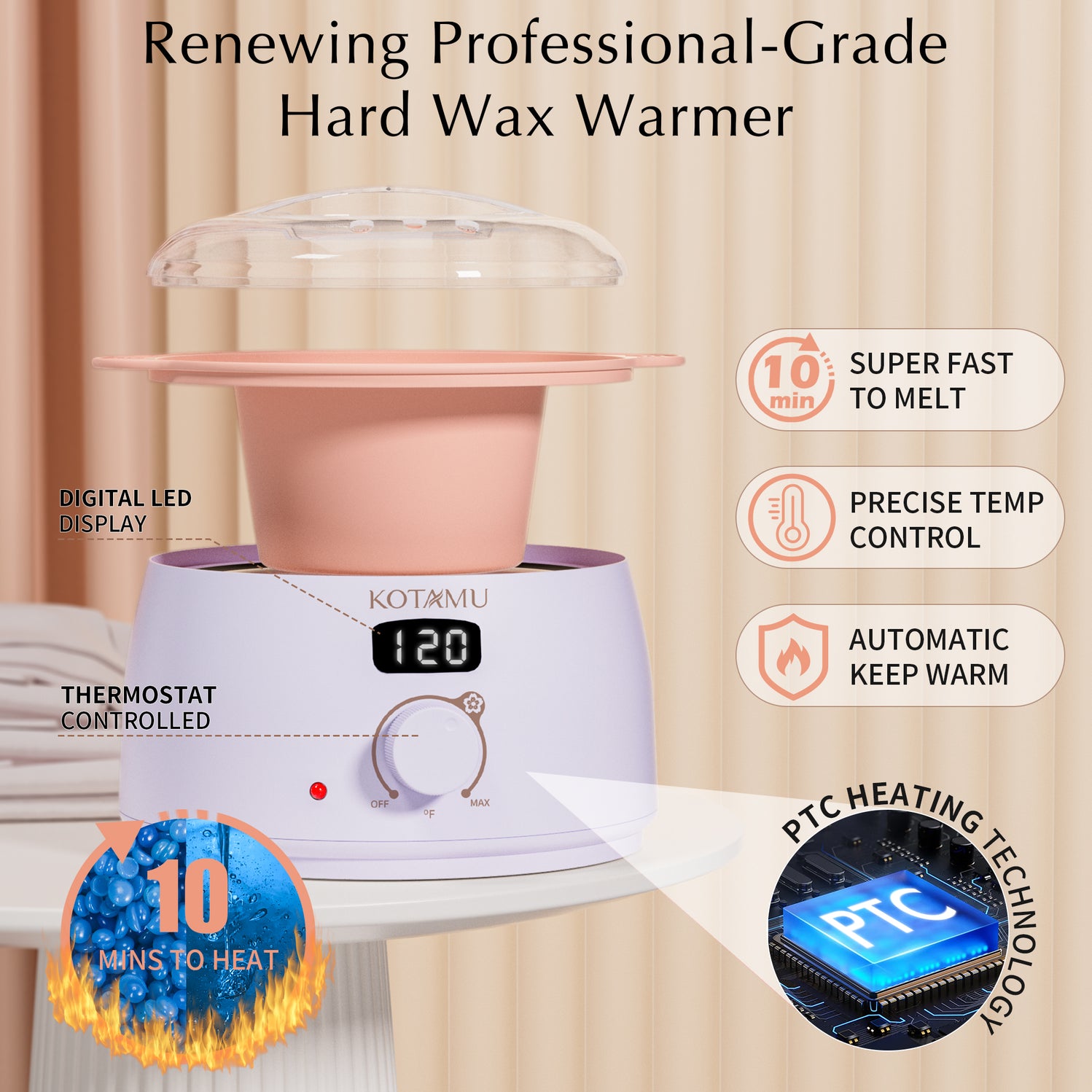 KOTAMU Purple Waxing Kit, Wax Warmer for Hair Removal, Digital Wax Kit with SiliconePot,Ideal for Face Eyebrow Arm Legs Armpit &Sensitive Skin