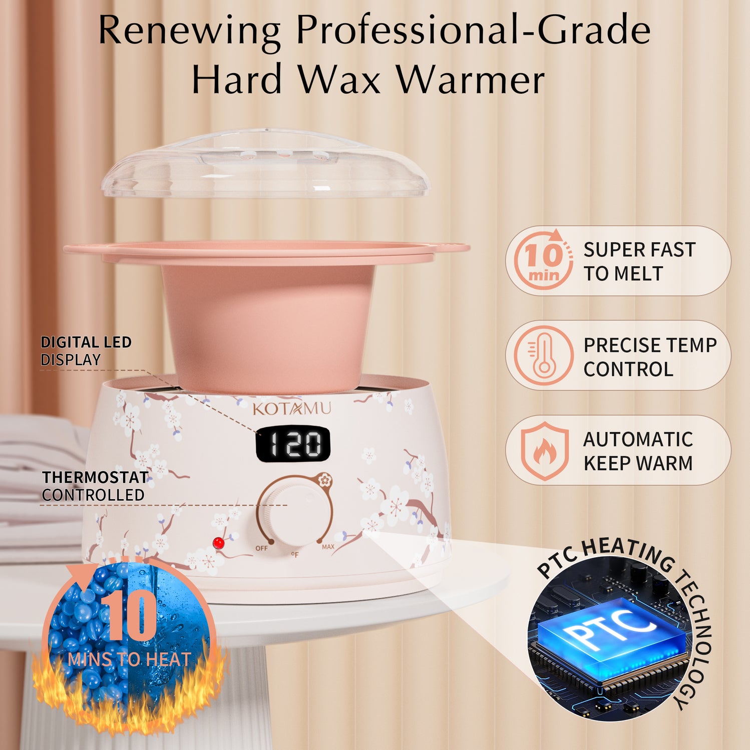 KOTAMU Waxing Kit for Women & Men, Wax Warmer for Hair Removal, Digital Wax Kit with Silicone Waxing Pot，Ideal for Face Eyebrow Arm Legs Armpit &Sensitive Skin, Purple Wax Machine With 44 Accessories