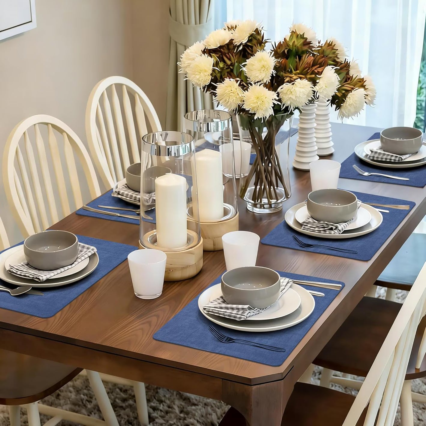 Lifestance Faux Leather Placemats Set of 6, Waterproof Heat Resistant Non Slip Dining Table Mats, 17x12 inch Rectangle Navy Blue, Indoor Outdoor Use