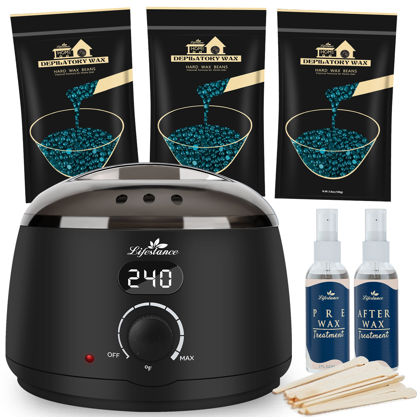 Lifestance All-in-One Home Waxing Kit - L2 Digital Wax Warmer Haarentfernungsgerät - 4 Packungen Wachsperlen (insgesamt 14,1 oz) mit 42 Artikeln - Professionelle Wachstöpfe für alle Haartypen - Augenbrauen - Gesicht - Bikini