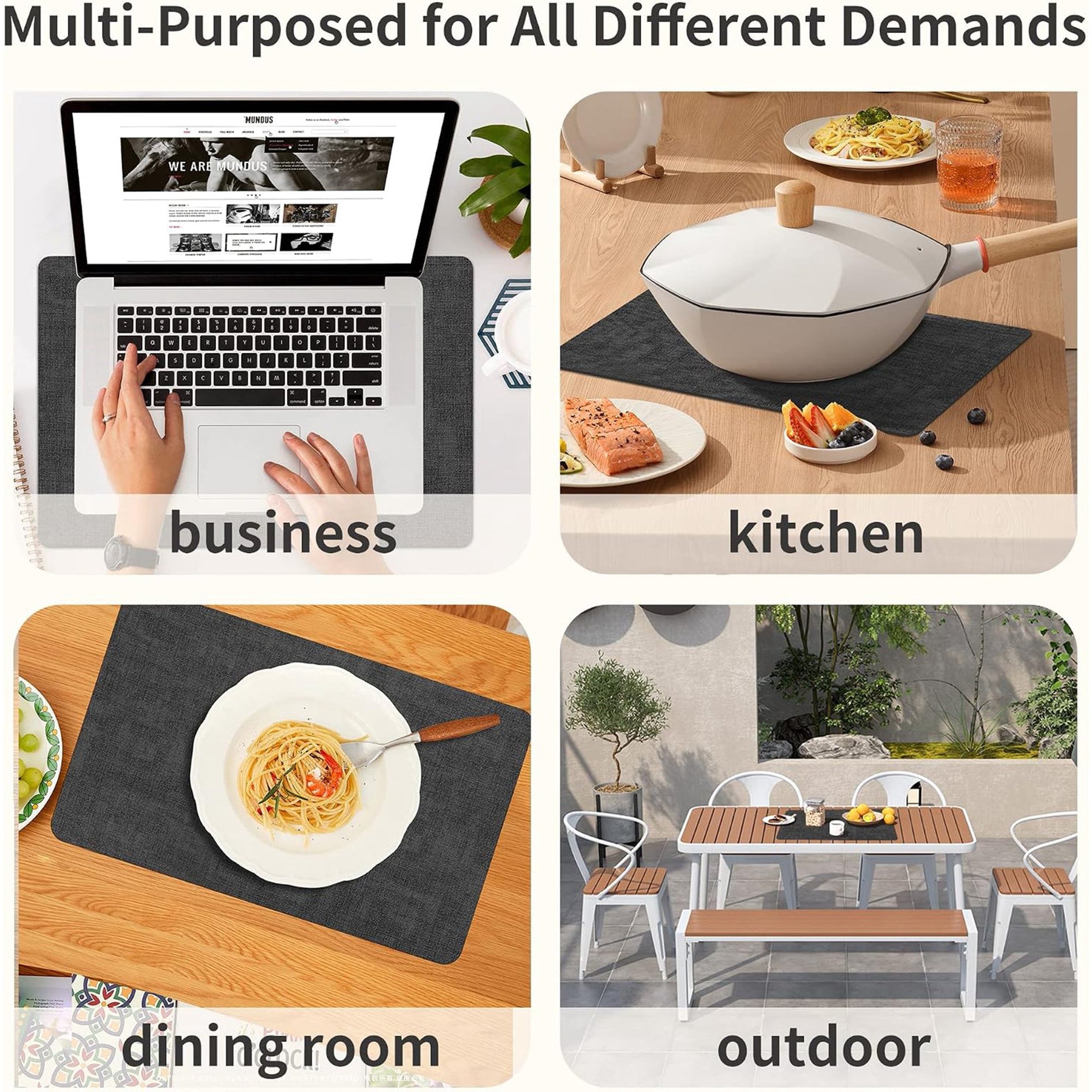 Lifestance Faux Leather Placemats Set of 6, Waterproof Heat Resistant Non Slip Dining Table Mats, 17x12 inch Rectangle Black, Indoor Outdoor Use