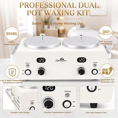 Lifestance 1.6L Professional Digital Double Wax Pots Warmer Kit for Spa Salon & Home Hair Removal, White Wax Heater with Dual LCD Temperature Control