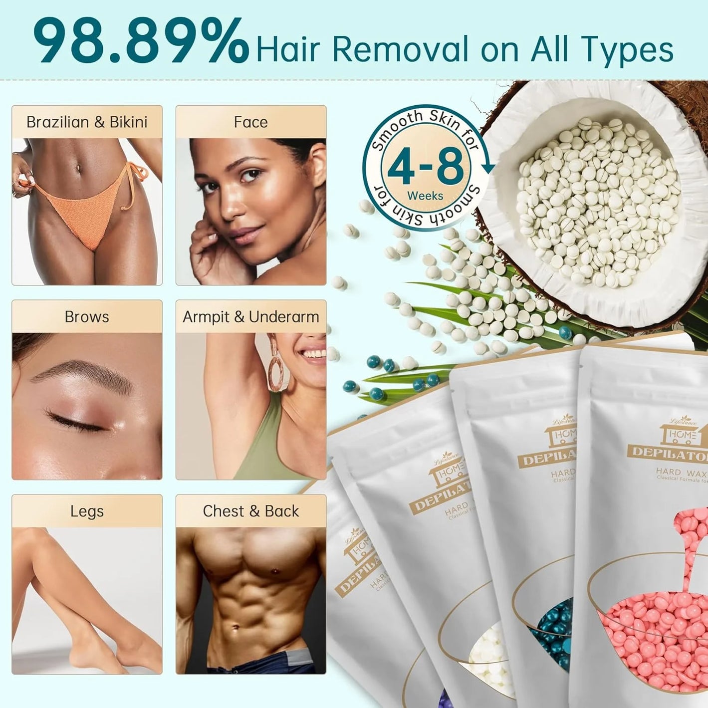 Lifestance Hair Removal Waxing Kit for Women & Men, at Home Use Velvimint Digital Warmer with 4 Bags 3.5 oz Wax Beads for Full Body Coarse, Fine Hair