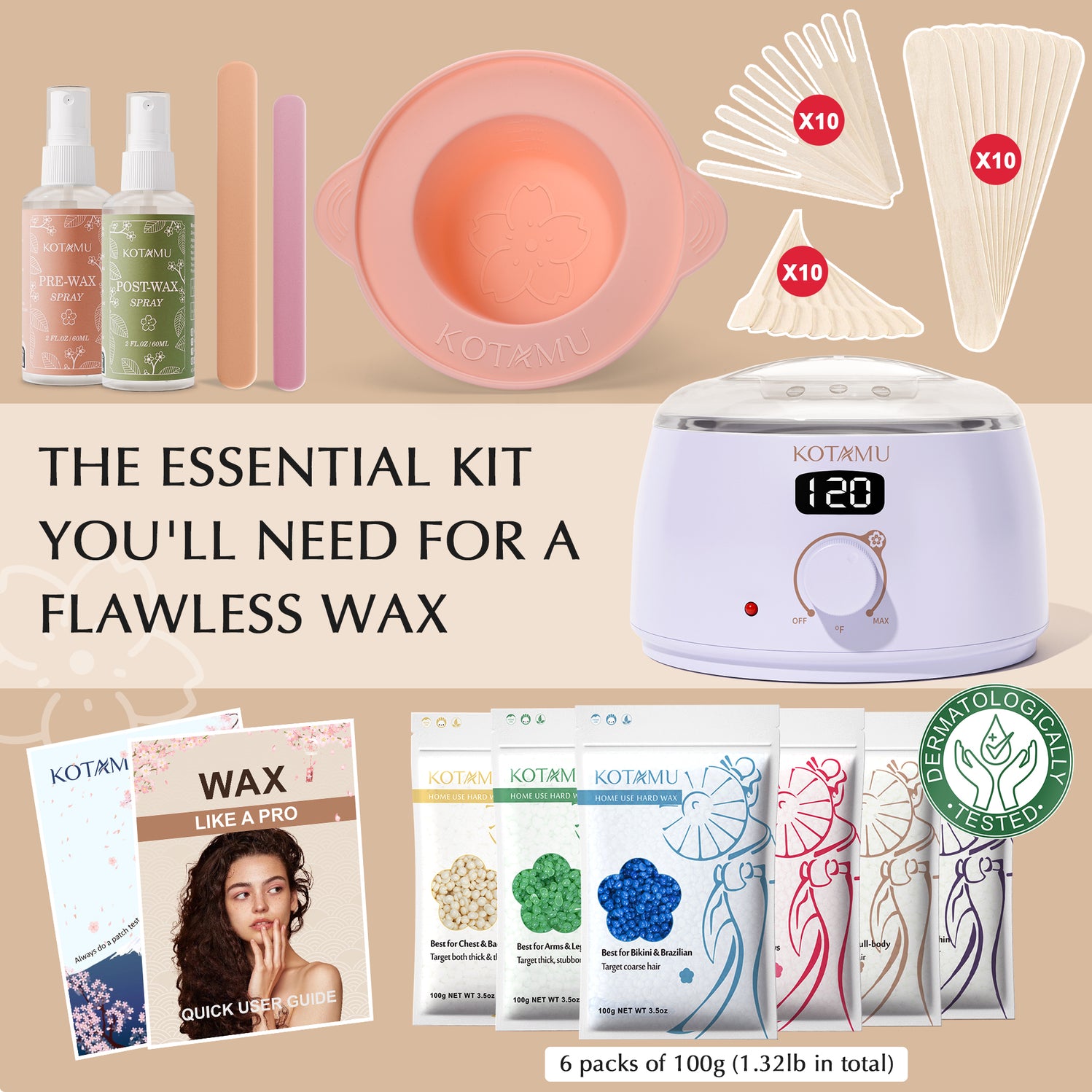 KOTAMU Purple Waxing Kit, Wax Warmer for Hair Removal, Digital Wax Kit with SiliconePot,Ideal for Face Eyebrow Arm Legs Armpit &Sensitive Skin