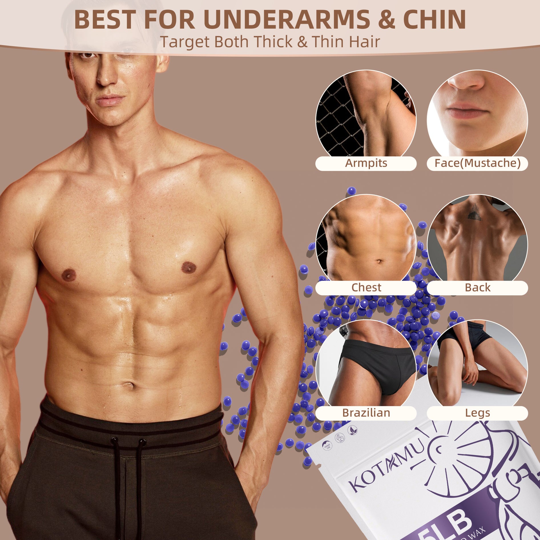 Roll over image to zoom in KOTAMU Wax Beads for Hair Removal, Professional Waxing Beads for Underarms, Chin, Bikini, Brazilian, Facial, Arm, Leg, Sensitive Skin, 2.5lb Hard Wax Target Thick Thin Hair, Wax Beans for Women & Men