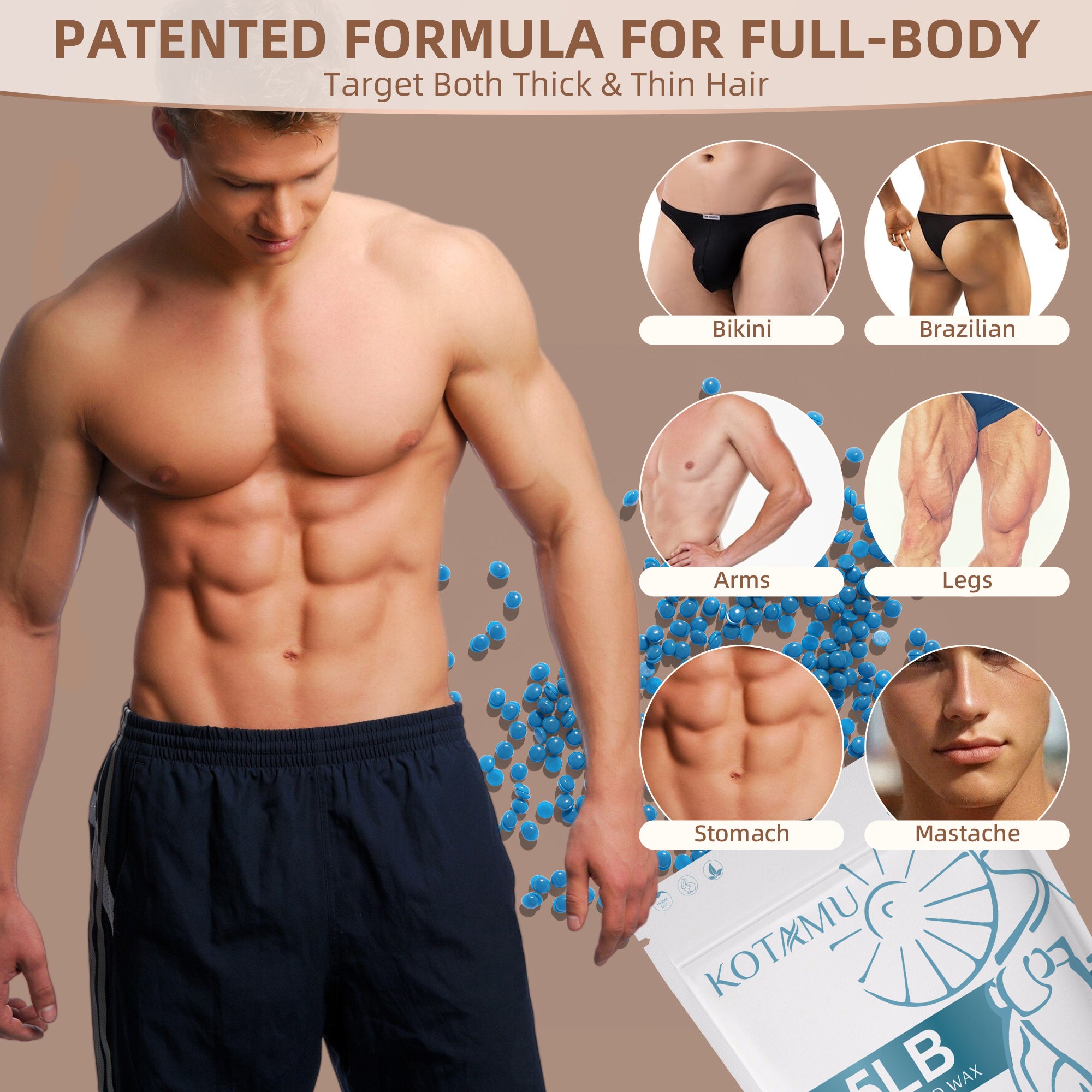 KOTAMU Wax Beads, 2.5lb Hard Wax for Bikini Brazilian Sensitive Skin Facial Leg Body Waxing, Professional Waxing Beads Target Coarse Hair Removal, Blue Wax Beans for Women Men at Home & Salon Use