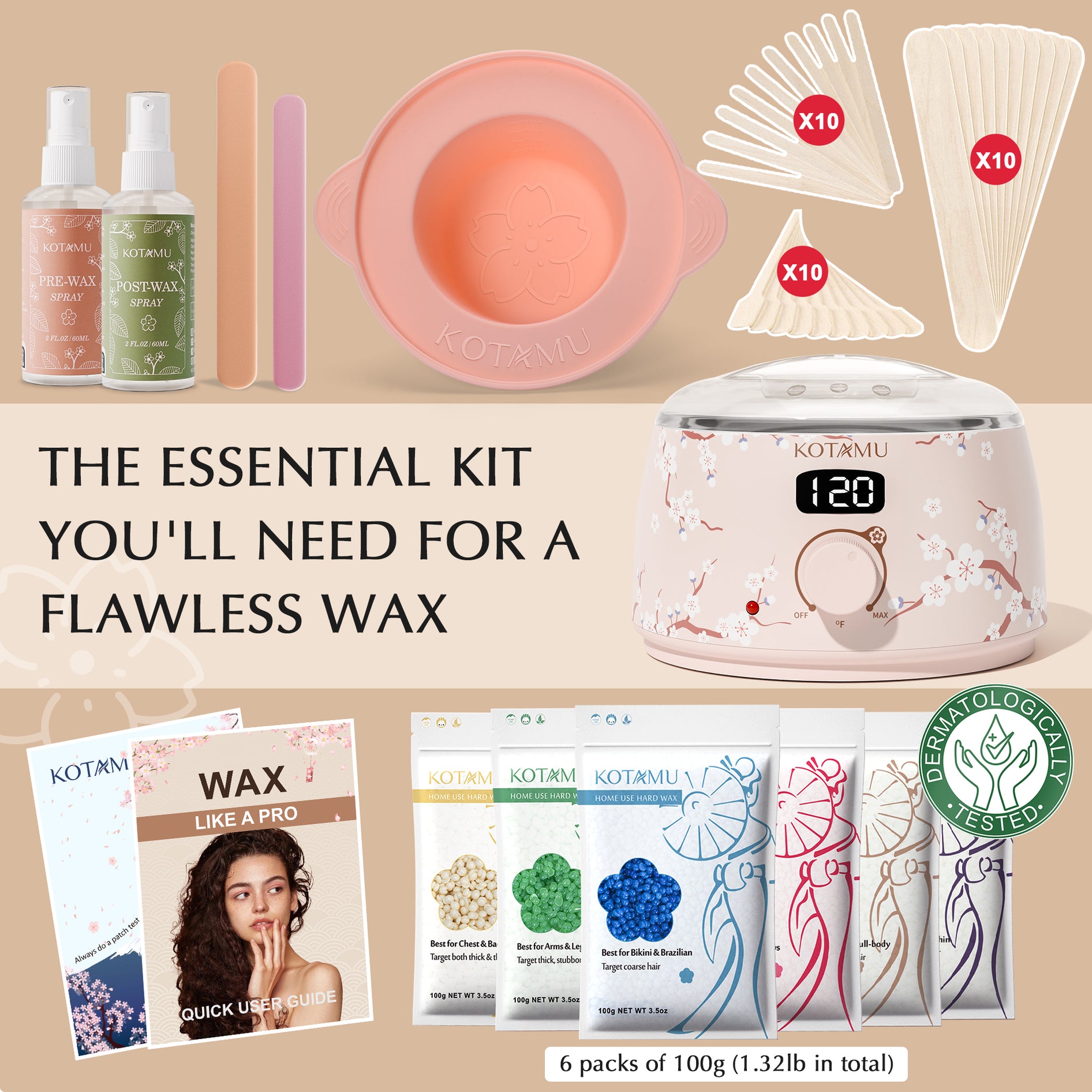 KOTAMU Waxing Kit for Women & Men, Wax Warmer for Hair Removal, Digital Wax Kit with Silicone Waxing Pot，Ideal for Face Eyebrow Arm Legs Armpit &Sensitive Skin, Purple Wax Machine With 44 Accessories