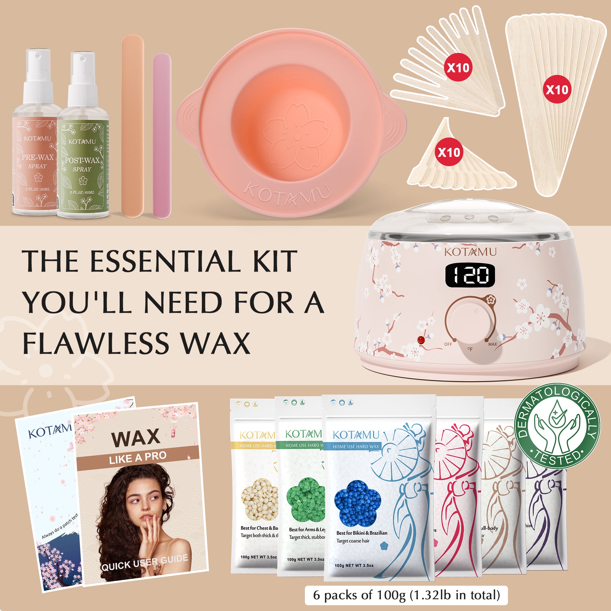 KOTAMU Waxing Kit for Women & Men, Wax Warmer for Hair Removal, Digital Wax Kit with Silicone Waxing Pot，Ideal for Face Eyebrow Arm Legs Armpit &Sensitive Skin, Purple Wax Machine With 44 Accessories