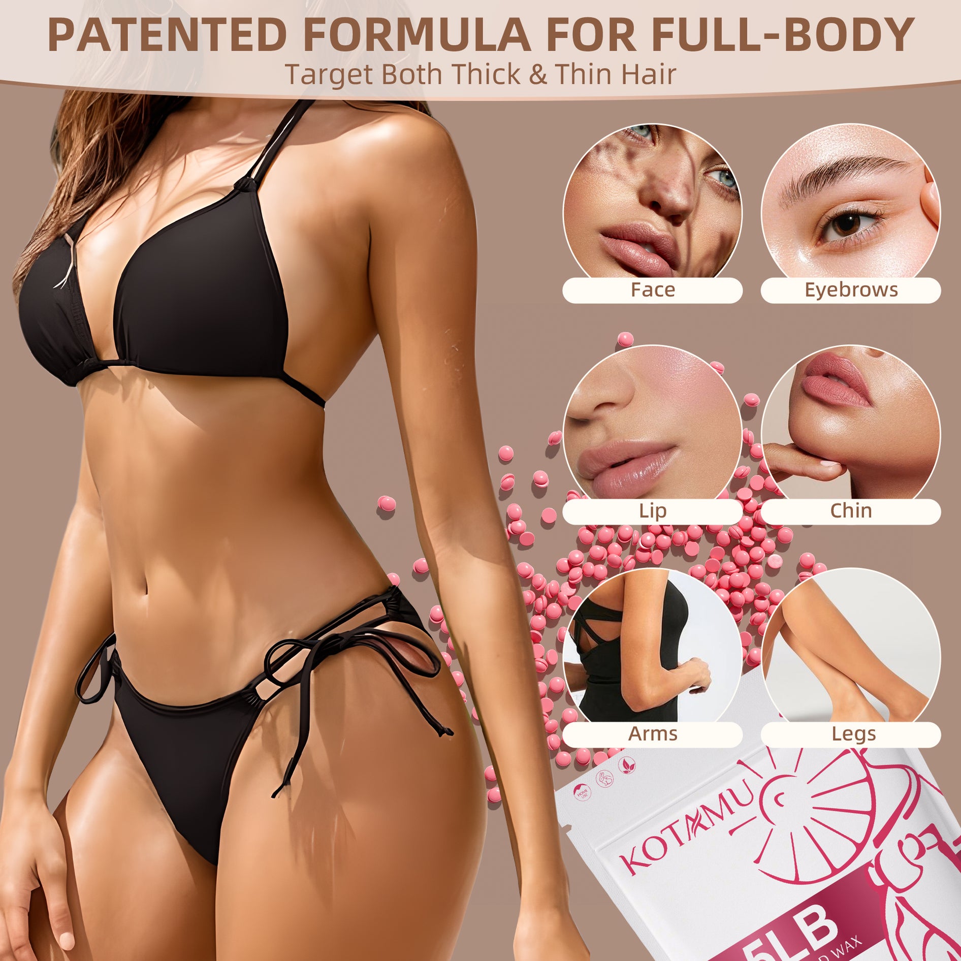 KOTAMU Pink Wax Beans for Hair Removal, 2.5lb, Hard Wax for Face, Eyebrow, Bikini, Brazilian, Leg, Body, Sensitive Skin, Ideal for Women Home Salon Waxing