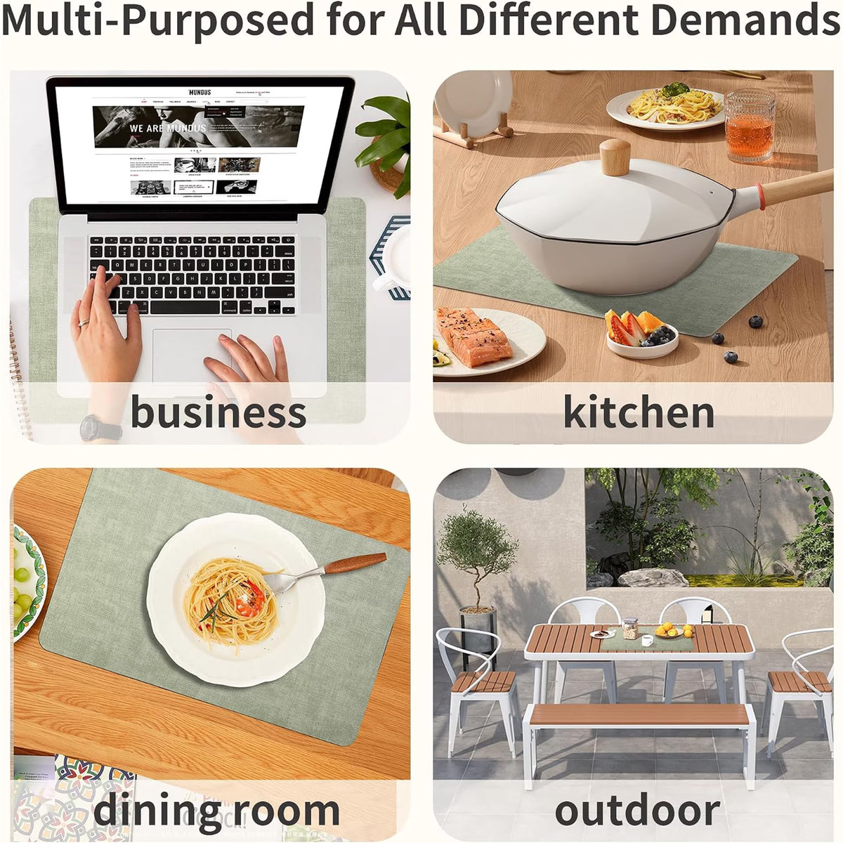 Lifestance Faux Leather Placemats Set of 6, Waterproof Heat Resistant Non Slip Dining Table Mats, 17x12 inch Rectangle Sage Green, Indoor Outdoor Use