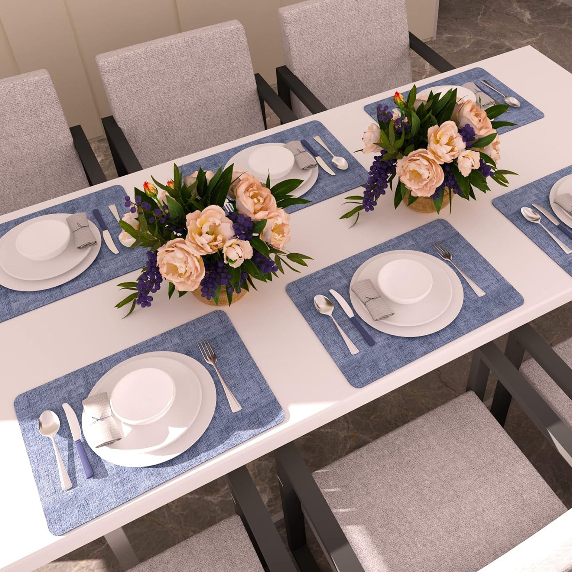 Lifestance Faux Leather Placemats Set of 6, Waterproof Heat Resistant Non Slip Dining Table Mats, 17x12 inch Rectangle Blue, Indoor Outdoor Use