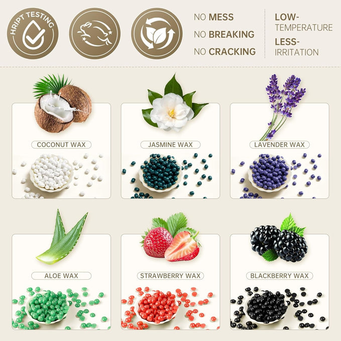 Lifestance Wax Beads Set, 4 Kinds of Waxing Beads, Hard Wax Beans with 44 Items Silicone Spatulas, Perfect for Any Wax Warmers, Wax Beads for Hair Removal for Eyebrow, Face, Body