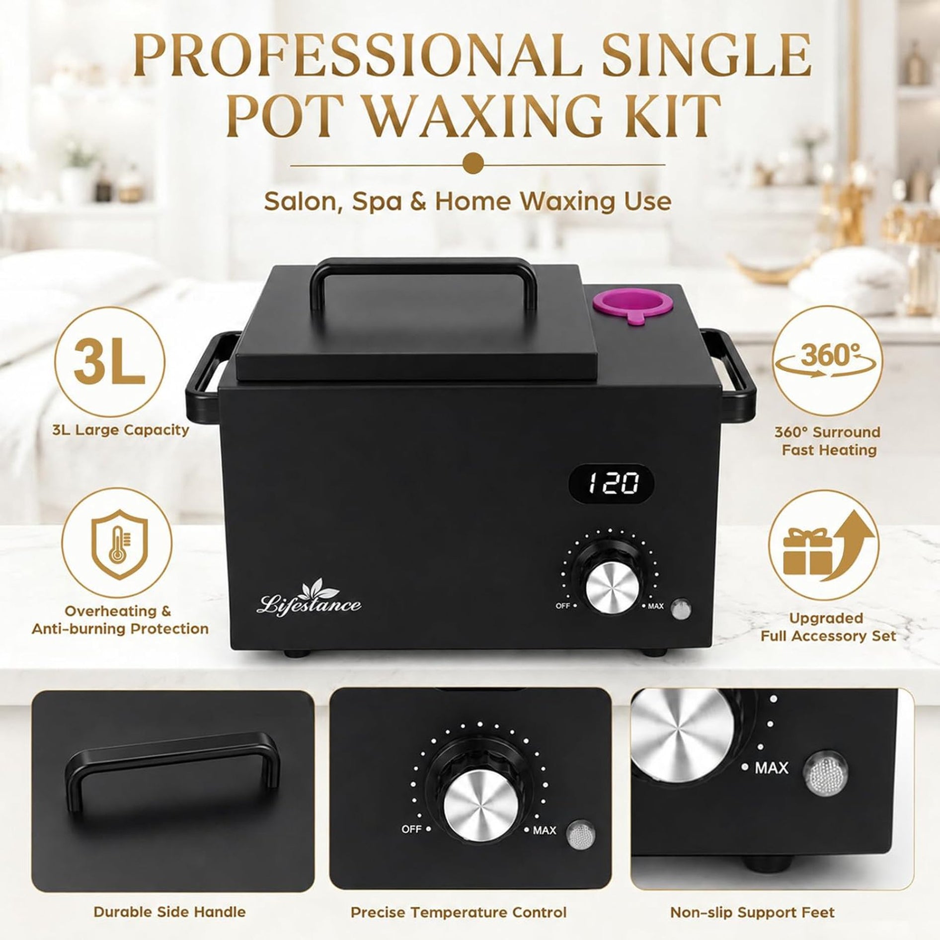 Lifestance 3L Professional Digital Wax Pot Warmer Kit for Spa Salon & Home, Black Wax Heater with LED Temperature Control, 100 Sticks & 200 Wax Strips