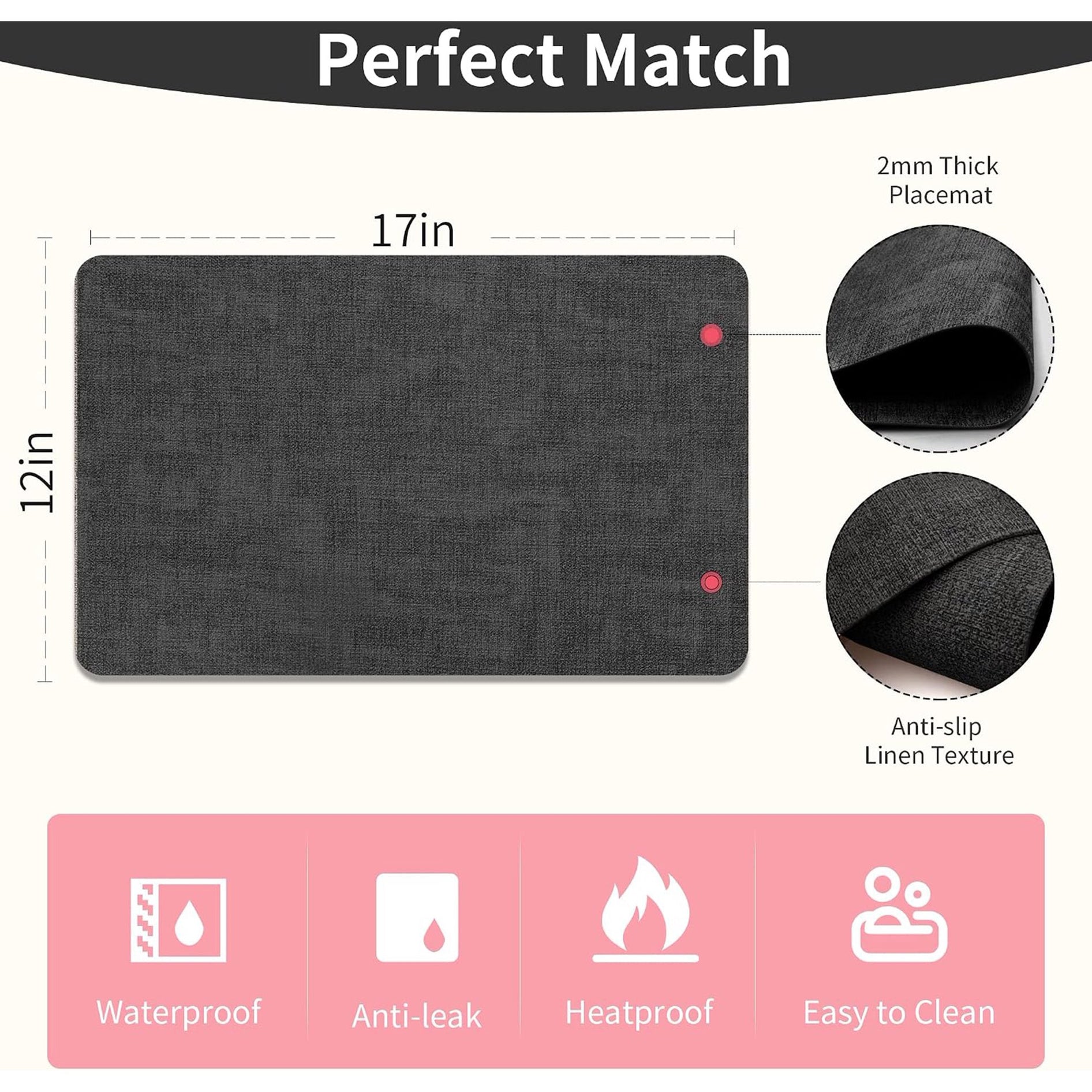 Lifestance Faux Leather Placemats Set of 6, Waterproof Heat Resistant Non Slip Dining Table Mats, 17x12 inch Rectangle Black, Indoor Outdoor Use