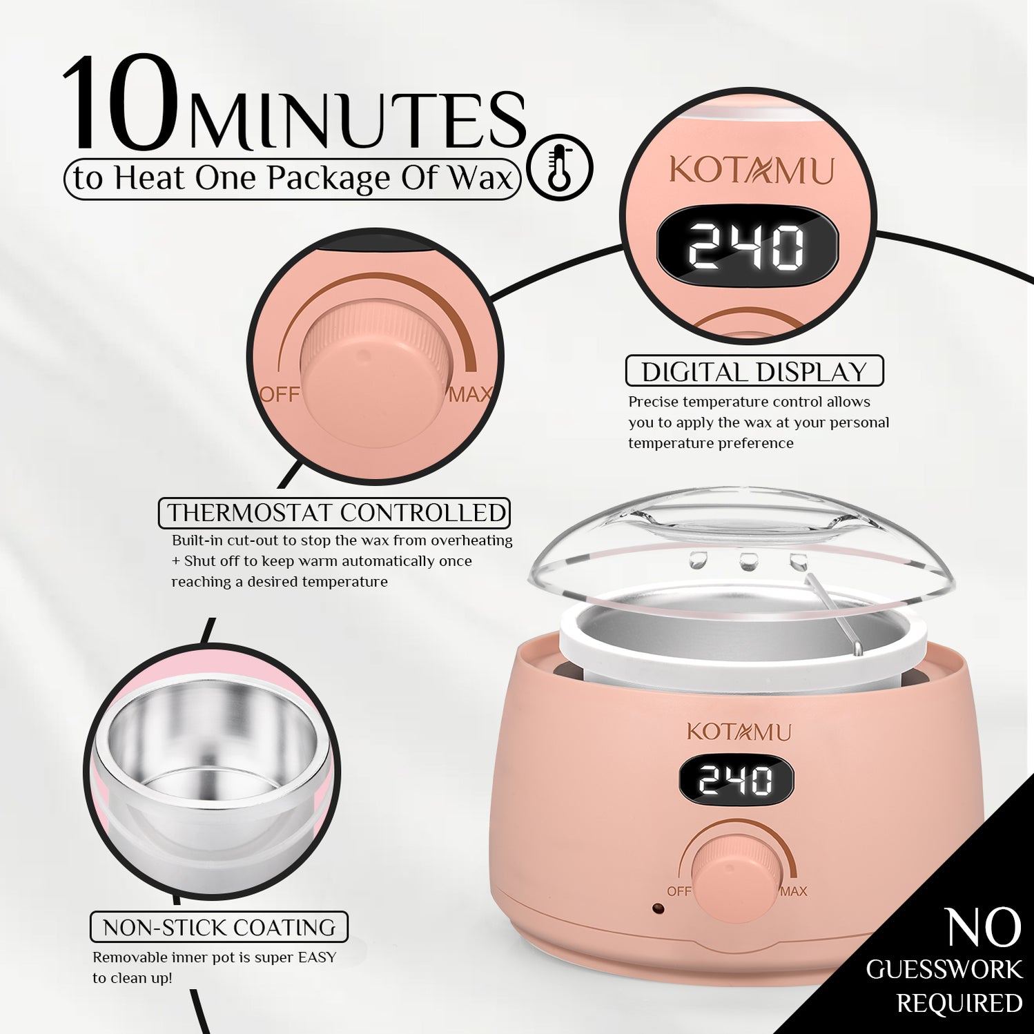 KOTAMU Wax Kit Pink Digital Hair Removal Waxing Kit for Face, Eyebrow, Body, Brazilian, Bikini, Sensitive Skin Wax Machine for Home Salon