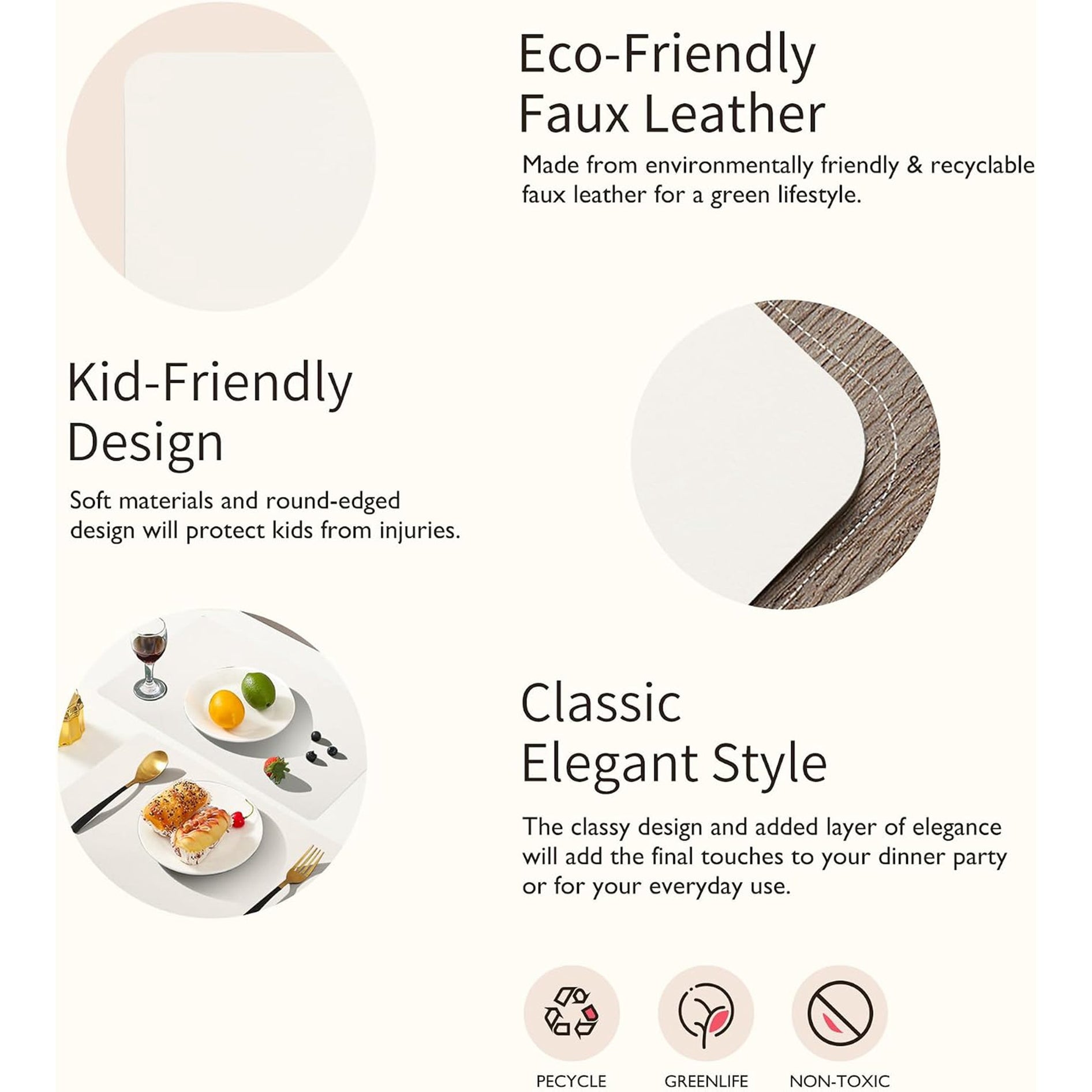Lifestance Faux Leather Placemats Set of 6, Waterproof Heat Resistant Non Slip Dining Table Mats, 17x12 inch Rectangle Ivory White, Indoor Outdoor Use