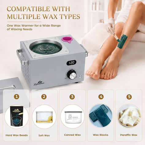 Lifestance 3L Professional Digital Wax Pot Warmer Kit for Spa Salon & Home,Silver Wax Heater with LED Temperature Control, 100 Sticks & 200 Wax Strips