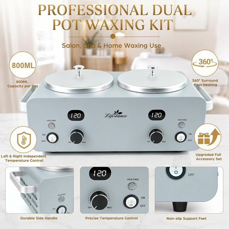 Lifestance 1.6L Professional Digital Double Wax Pots Warmer Kit for Spa Salon & Home Hair Removal, Silver Wax Heater with Dual LCD Temperature Control