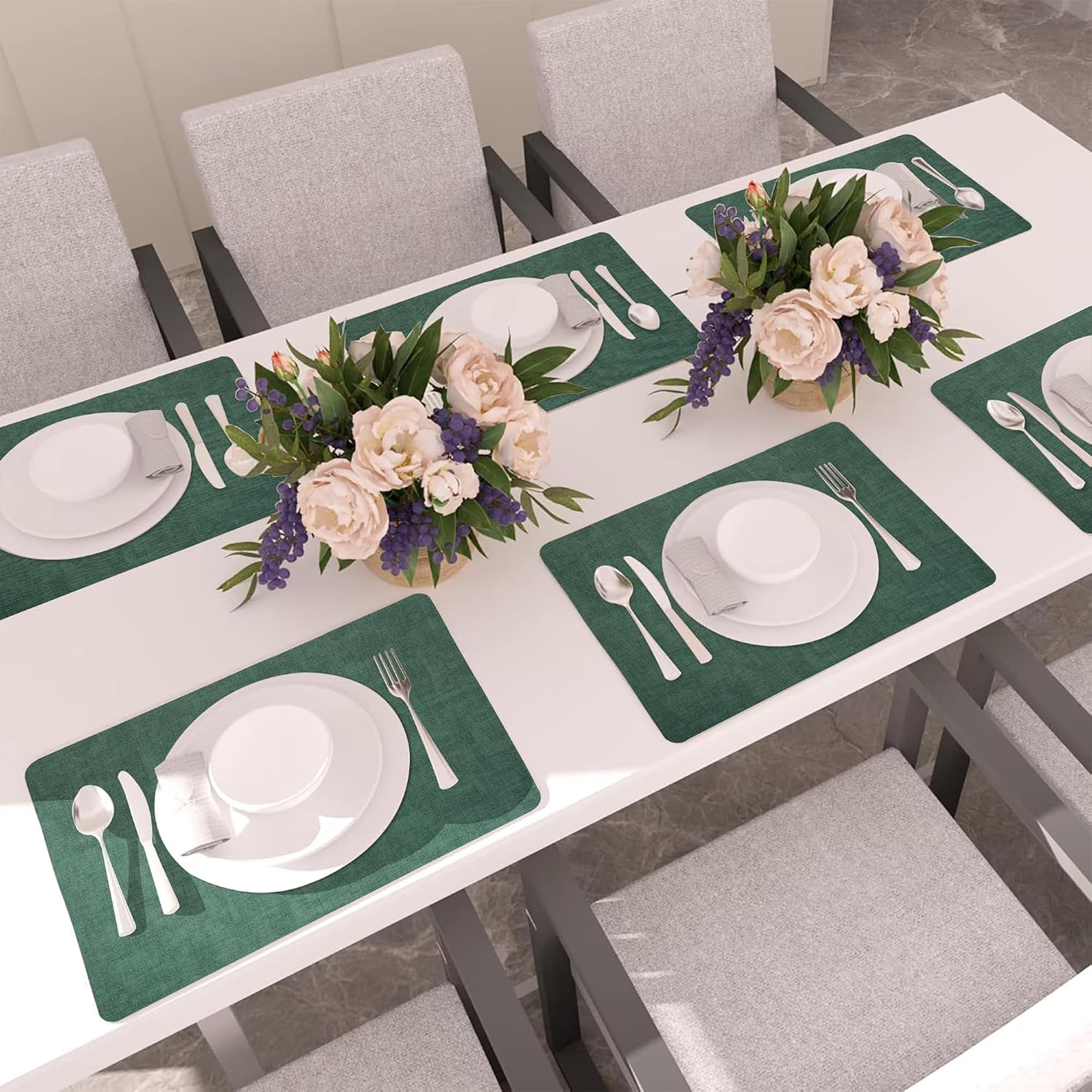 Lifestance Faux Leather Placemats Set of 6, Waterproof Heat Resistant Non Slip Dining Table Mats, 17x12 inch Rectangle Dark Green, Indoor Outdoor Use