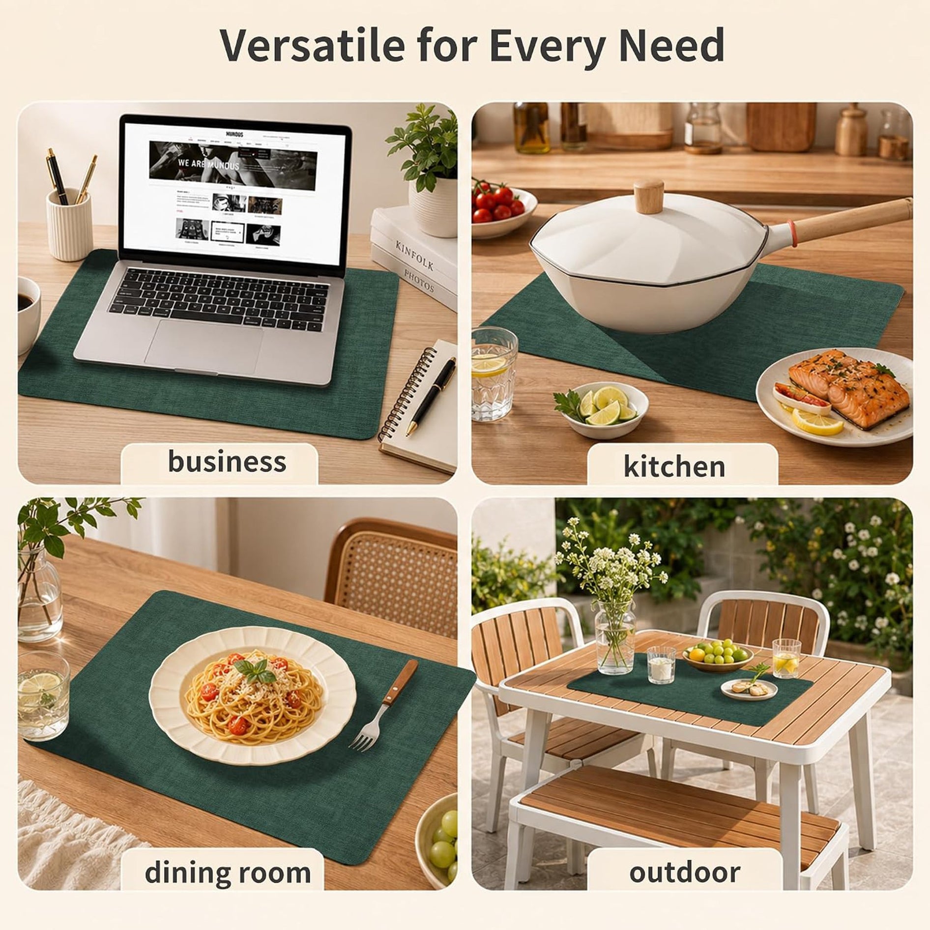 Lifestance Faux Leather Placemats Set of 6, Waterproof Heat Resistant Non Slip Dining Table Mats, 17x12 inch Rectangle Dark Green, Indoor Outdoor Use