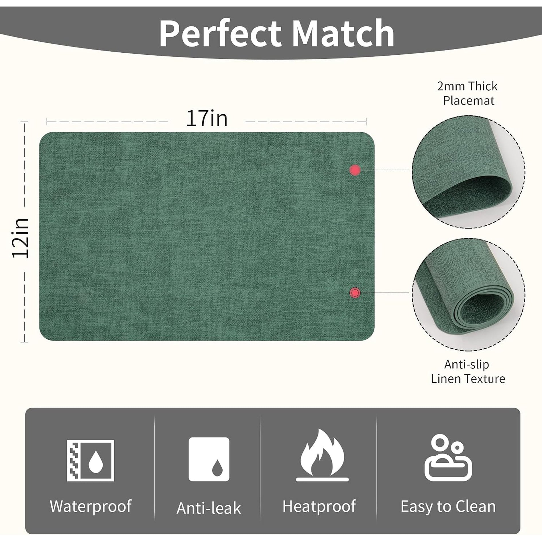 Lifestance Faux Leather Placemats Set of 6, Waterproof Heat Resistant Non Slip Dining Table Mats, 17x12 inch Rectangle Dark Green, Indoor Outdoor Use