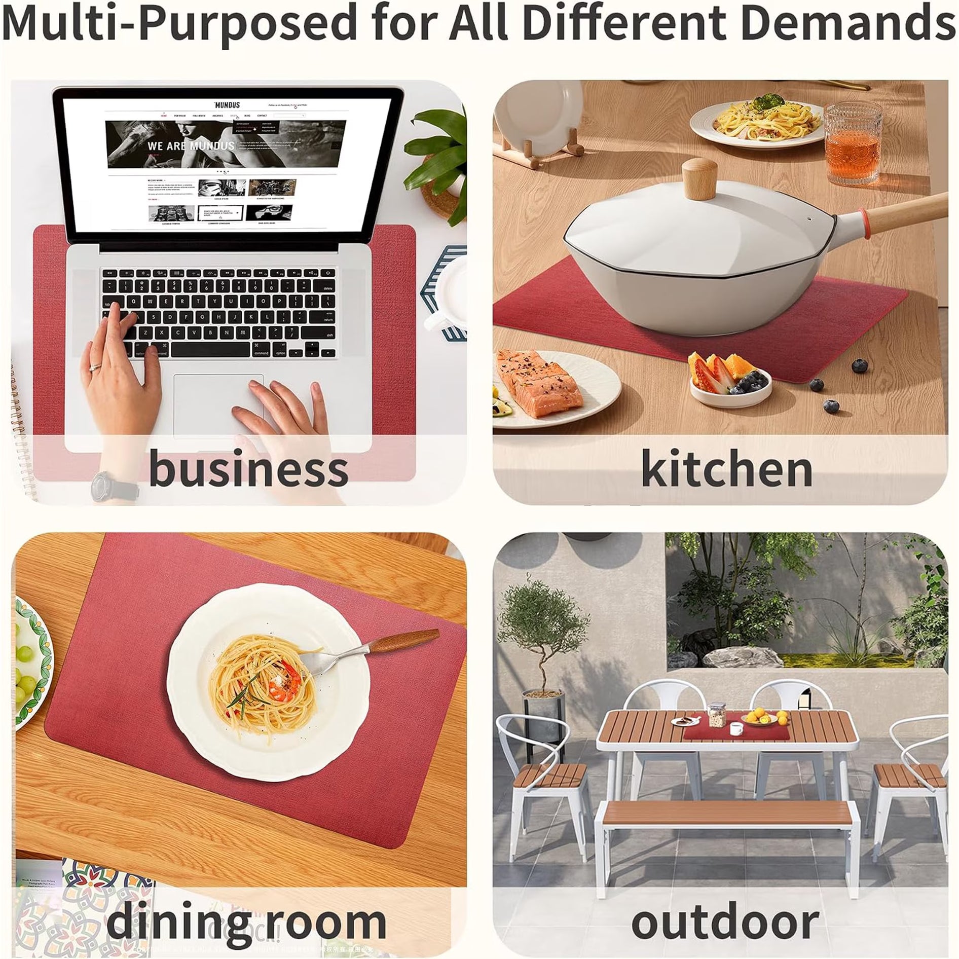 Lifestance Faux Leather Placemats Set of 6, Waterproof Heat Resistant Non Slip Dining Table Mats, 17x12 inch Rectangle Red, Indoor Outdoor Use