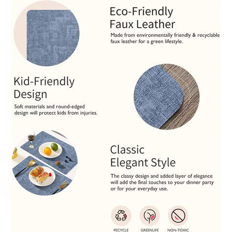 Lifestance Faux Leather Placemats Set of 6, Waterproof Heat Resistant Non Slip Dining Table Mats, 17x12 inch Rectangle Blue, Indoor Outdoor Use