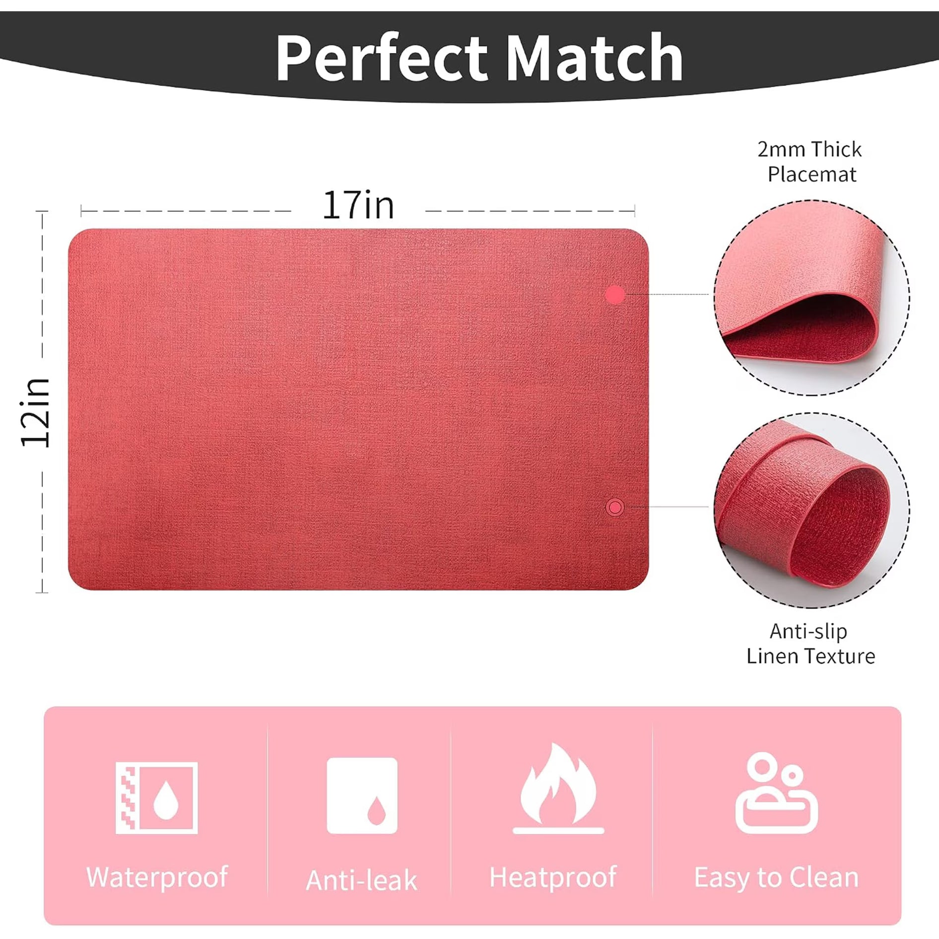 Lifestance Faux Leather Placemats Set of 6, Waterproof Heat Resistant Non Slip Dining Table Mats, 17x12 inch Rectangle Red, Indoor Outdoor Use