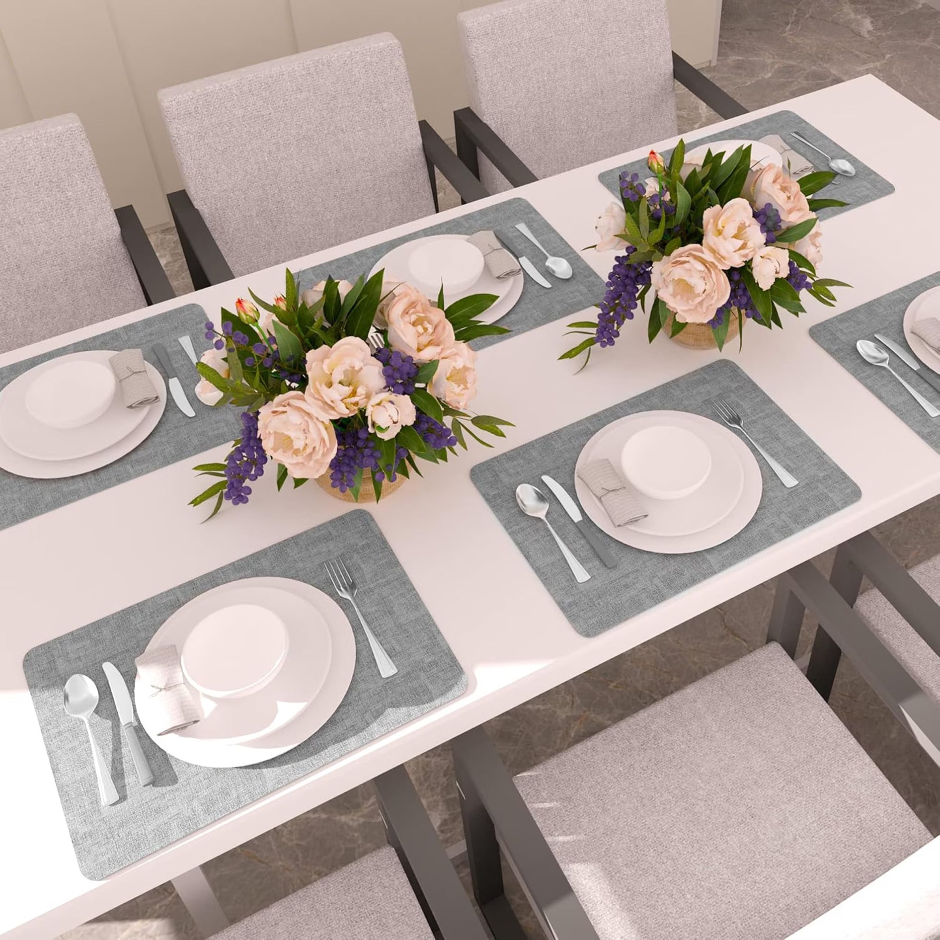 Lifestance Faux Leather Placemats Set of 6, Waterproof Heat Resistant Non Slip Dining Table Mats, 17x12 inch Rectangle Grey, Indoor Outdoor Use