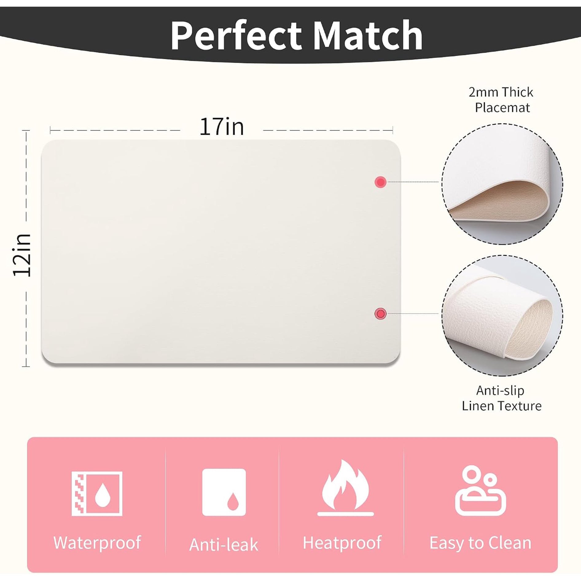 Lifestance Faux Leather Placemats Set of 6, Waterproof Heat Resistant Non Slip Dining Table Mats, 17x12 inch Rectangle Ivory White, Indoor Outdoor Use