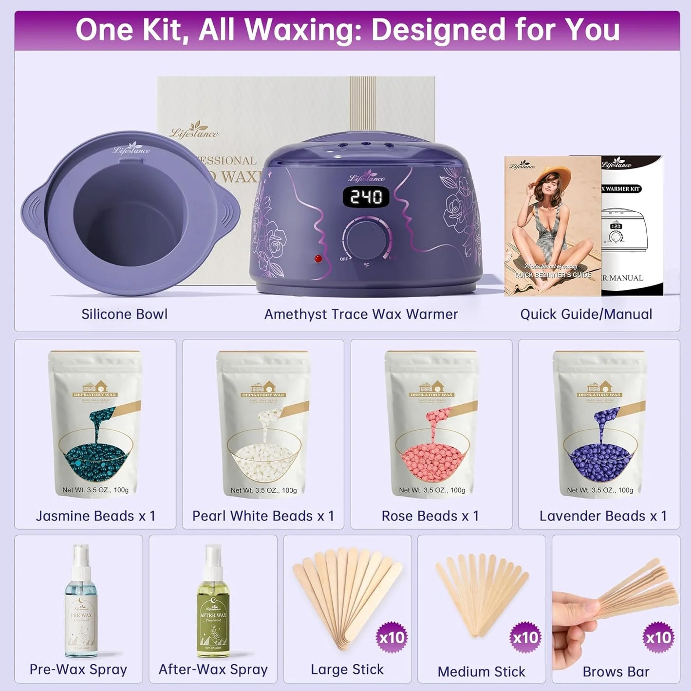 Lifestance Waxing Kit for Women & Men, L3 Amethyst Digital Wax Warmer 14.1oz Hard Wax Beads & Oil Spray for Brazilian, Bikini, Face Body Hair Removal