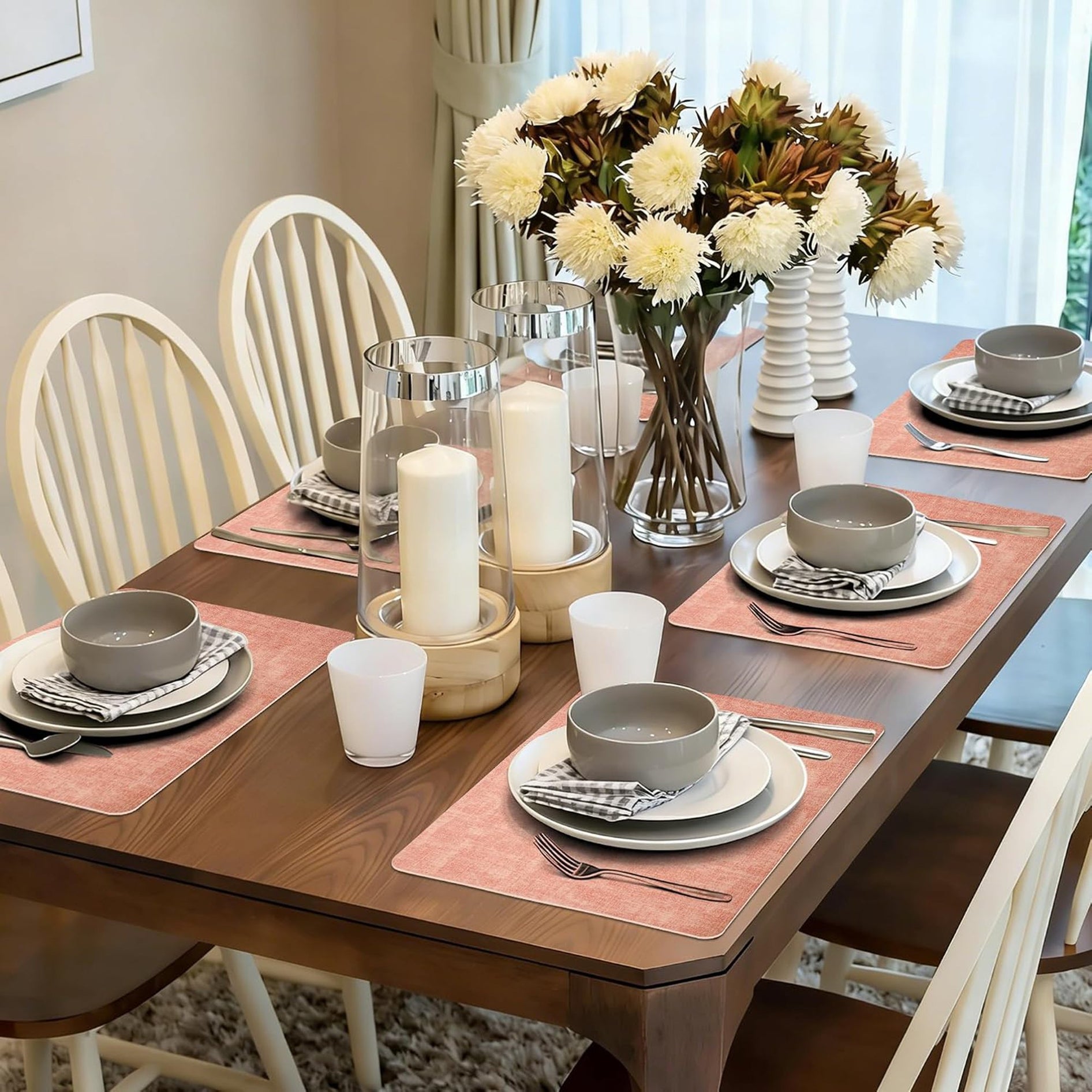 Lifestance Faux Leather Placemats Set of 6, Waterproof Heat Resistant Non Slip Dining Table Mats, 17x12 inch Rectangle Peachy Pink, Indoor Outdoor Use