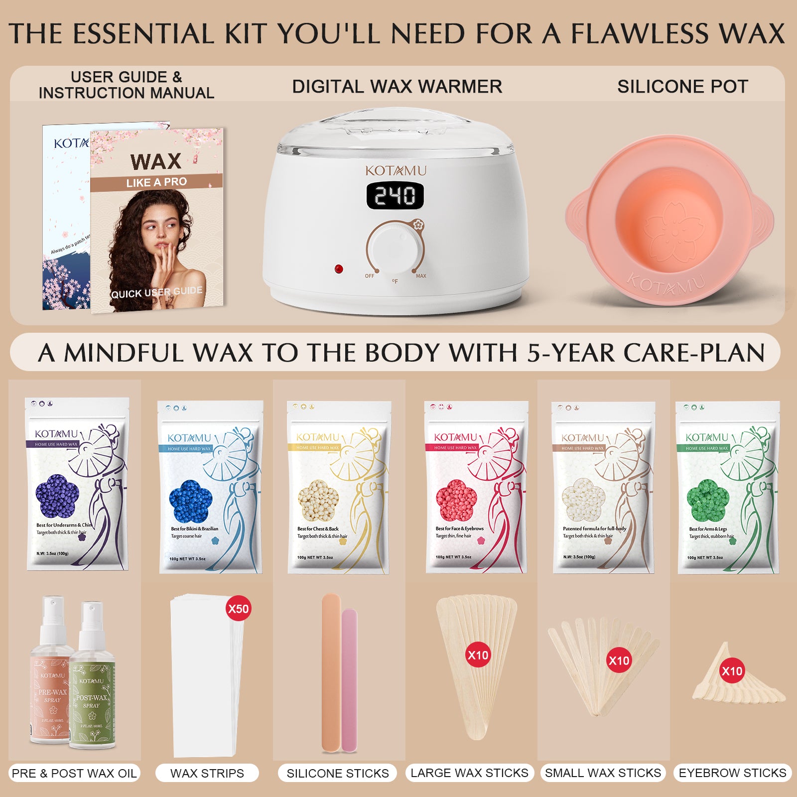 KOTAMU White Waxing Kit for Women & Men, Professional Wax Kit for Hair Removal, Digital Wax Pot for Thick Coarse Fine Fuzzy Hair & Sensitive Skin