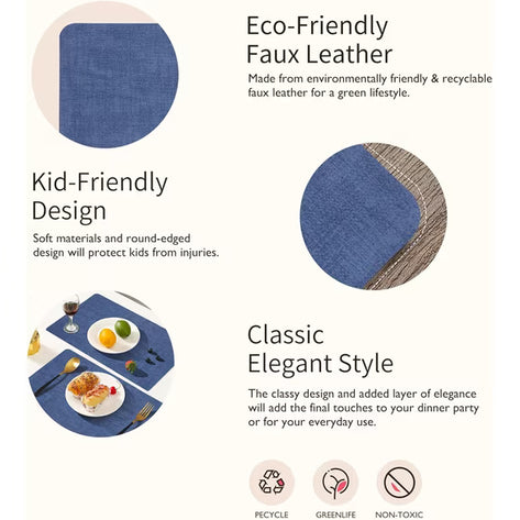 Lifestance Faux Leather Placemats Set of 6, Waterproof Heat Resistant Non Slip Dining Table Mats, 17x12 inch Rectangle Navy Blue, Indoor Outdoor Use